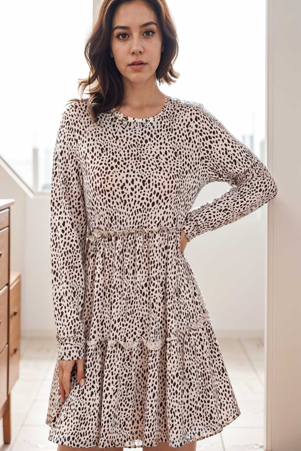 loose leopard print v neck dress drop shoulder a line closed cape paneled 115505