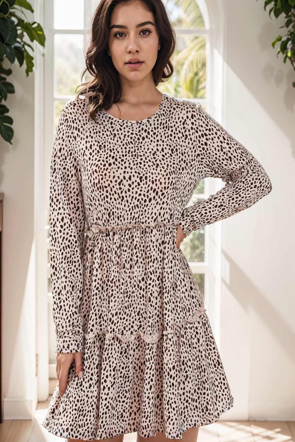 loose leopard print v neck dress drop shoulder a line closed cape paneled 141539