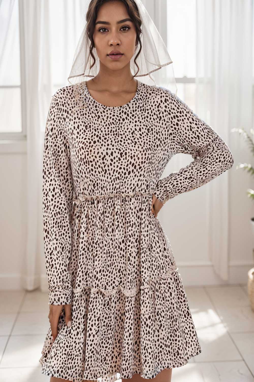 loose leopard print v neck dress drop shoulder a line closed cape paneled 142070