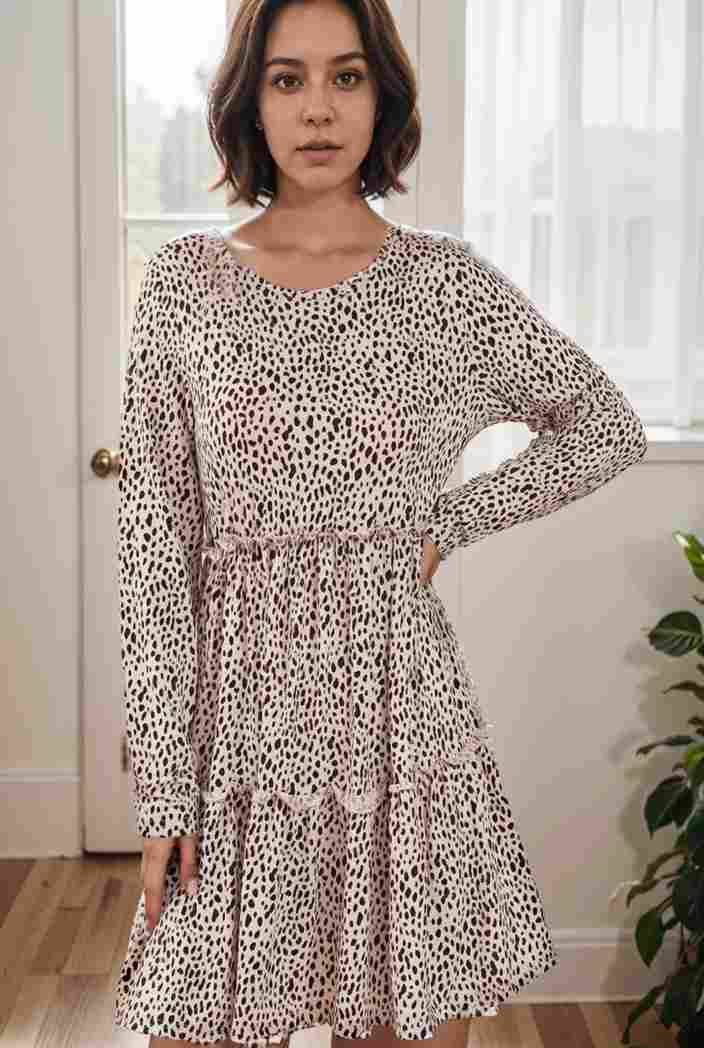 loose leopard print v neck dress drop shoulder a line closed cape paneled 118801