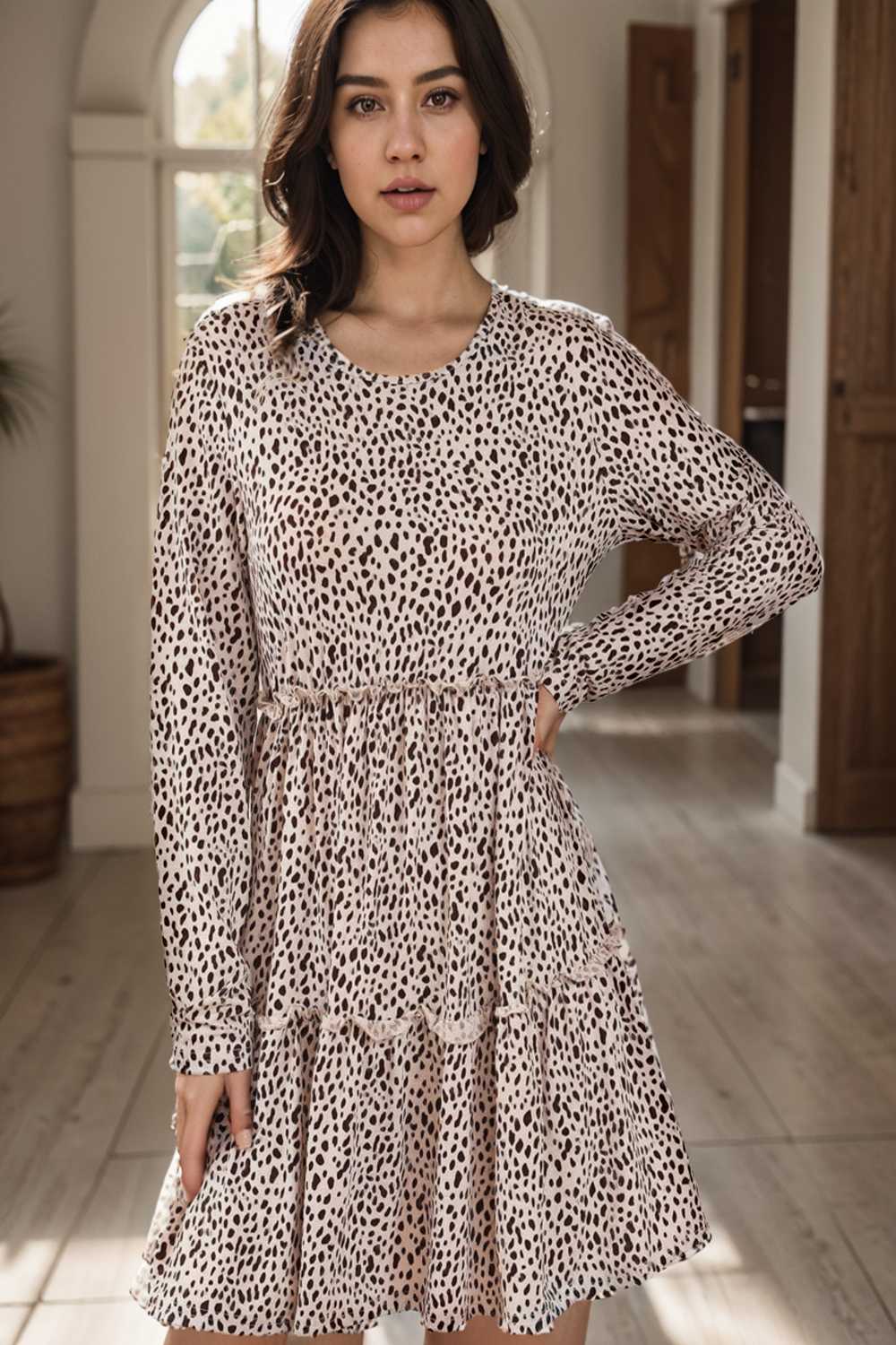 loose leopard print v neck dress drop shoulder a line closed cape paneled 127524