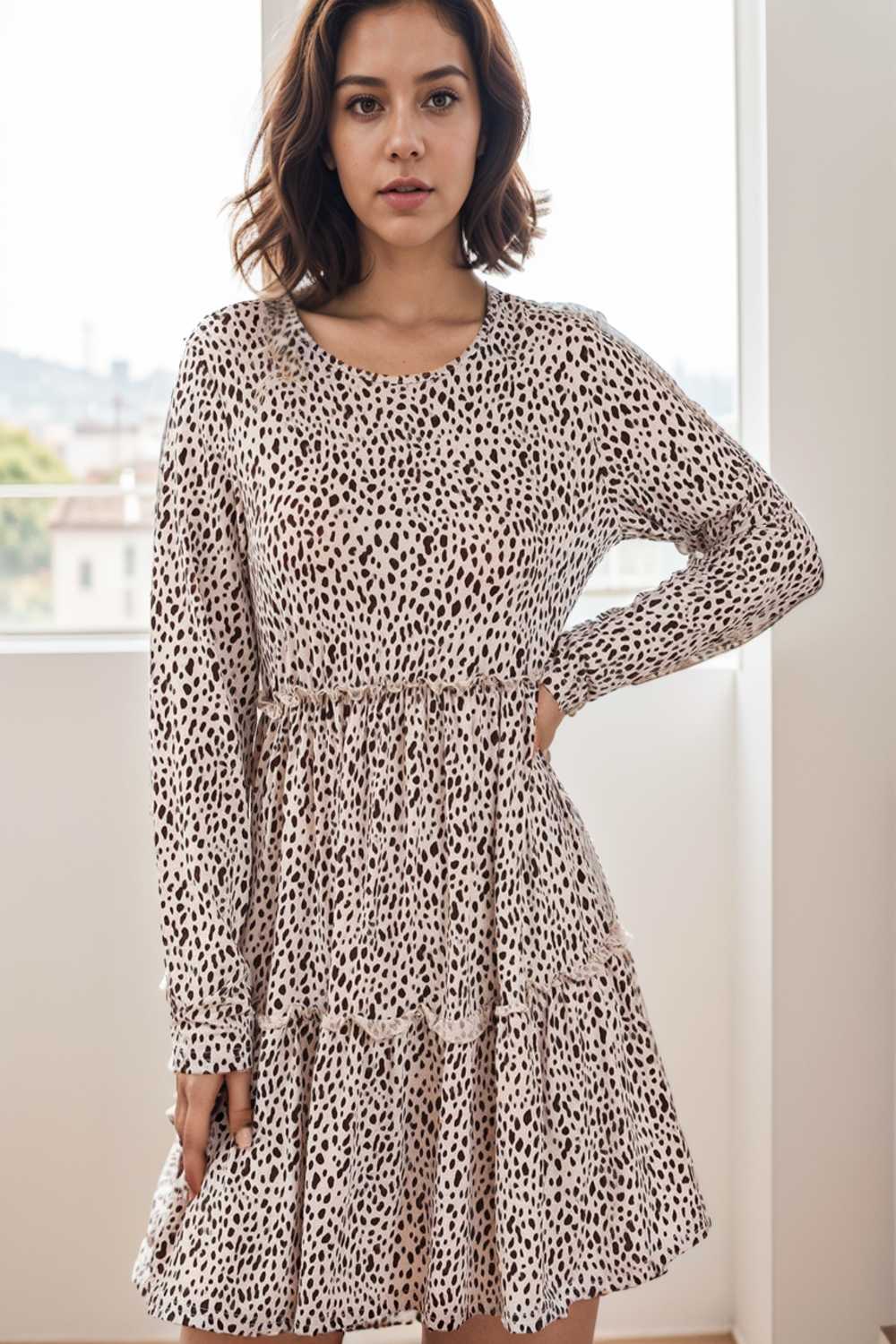 loose leopard print v neck dress drop shoulder a line closed cape paneled 129658