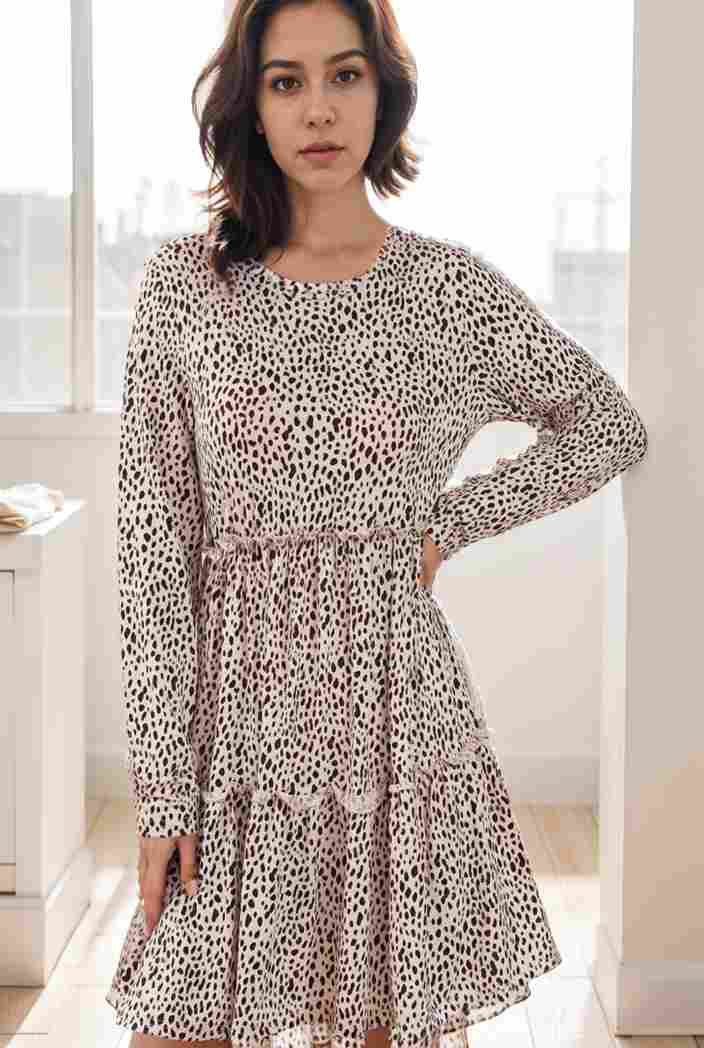 loose leopard print v neck dress drop shoulder a line closed cape paneled 131179