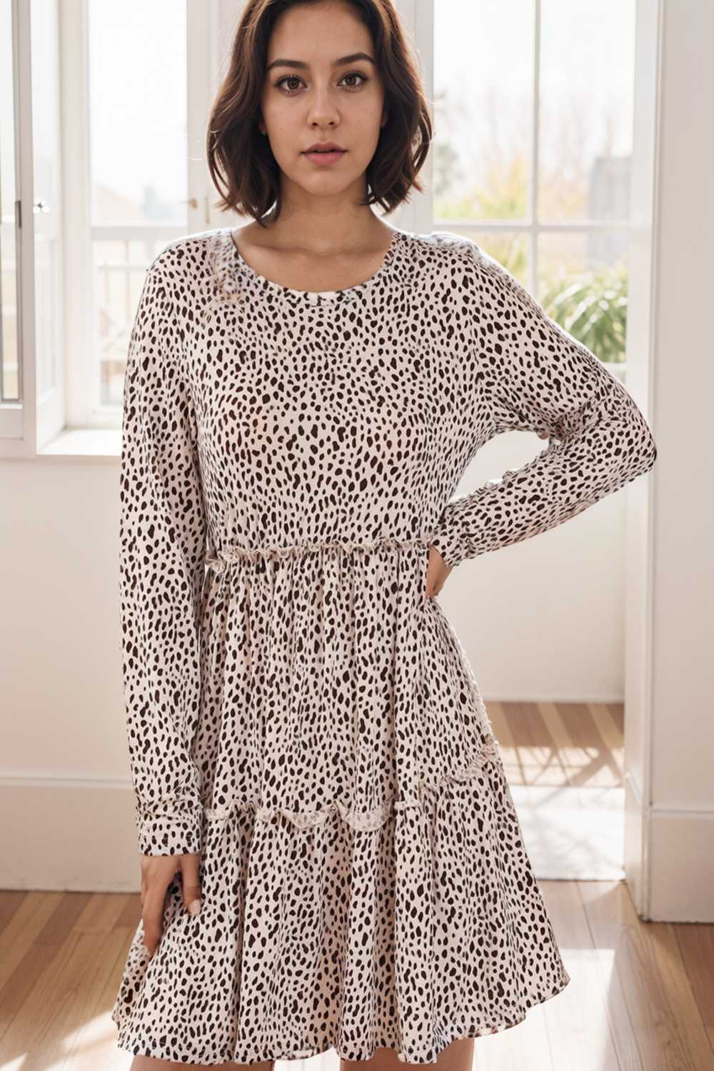 loose leopard print v neck dress drop shoulder a line closed cape paneled 132938