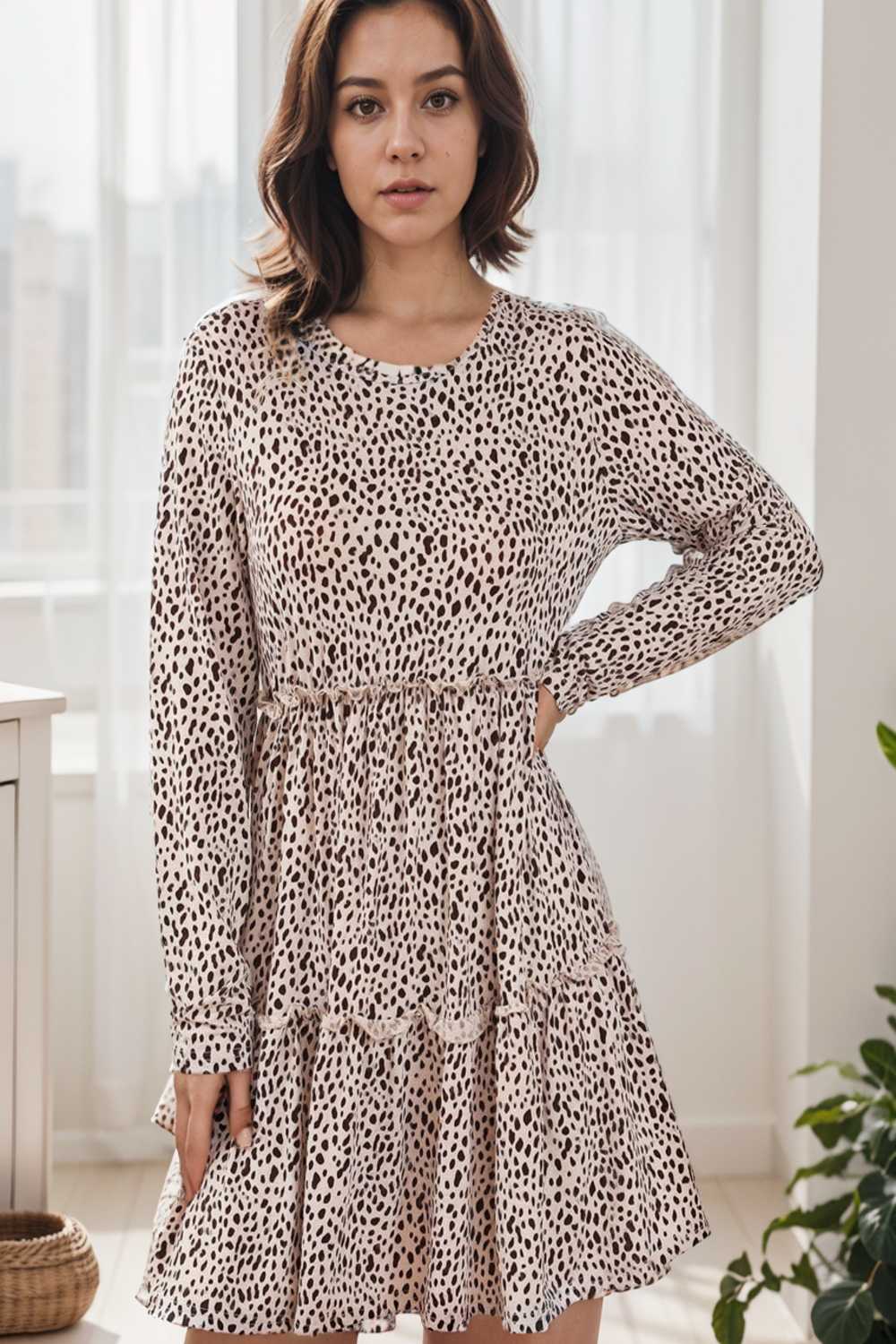loose leopard print v neck dress drop shoulder a line closed cape paneled 115504