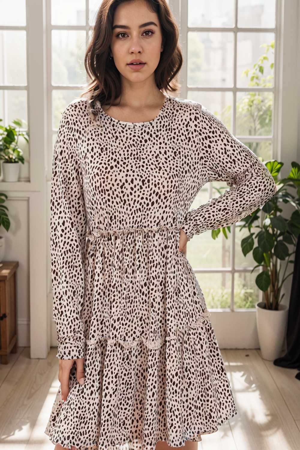 loose leopard print v neck dress drop shoulder a line closed cape paneled 127439