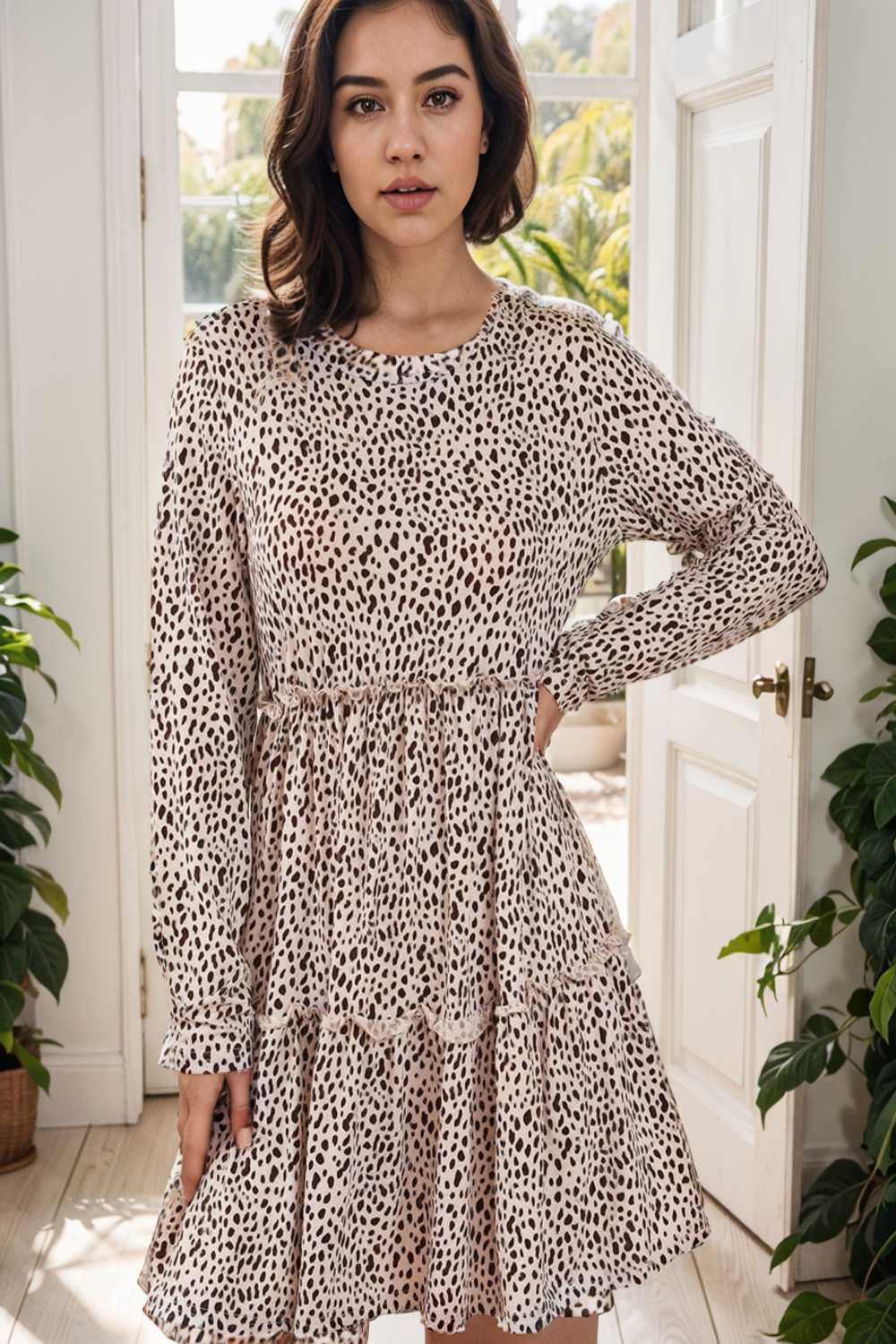 loose leopard print v neck dress drop shoulder a line closed cape paneled 127523
