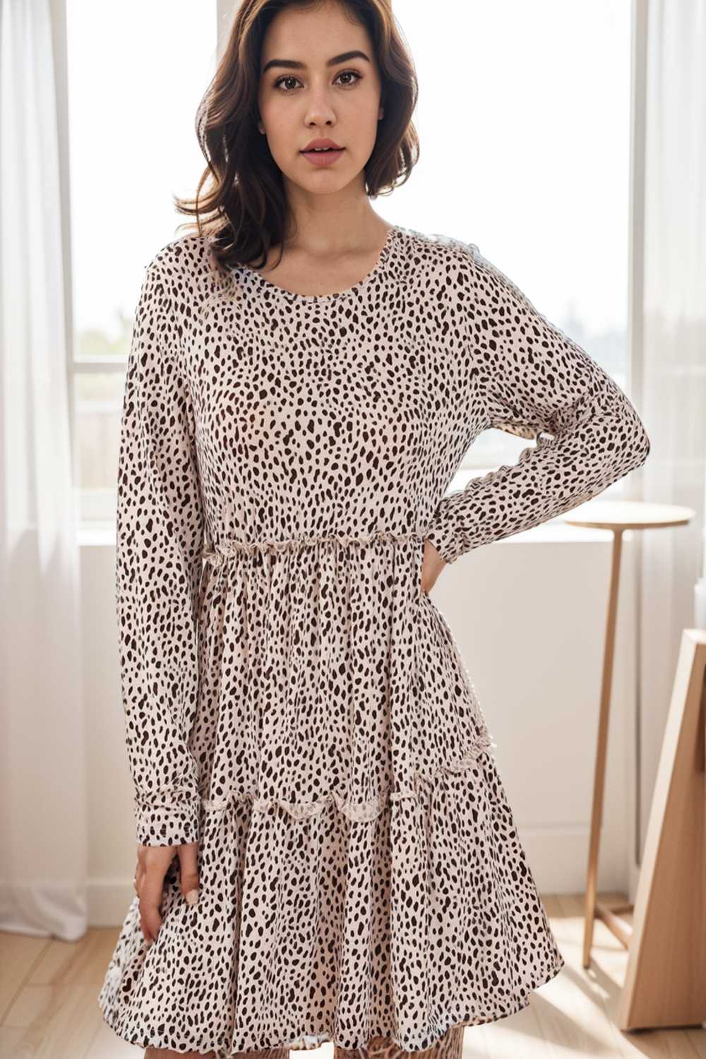 loose leopard print v neck dress drop shoulder a line closed cape paneled 124997