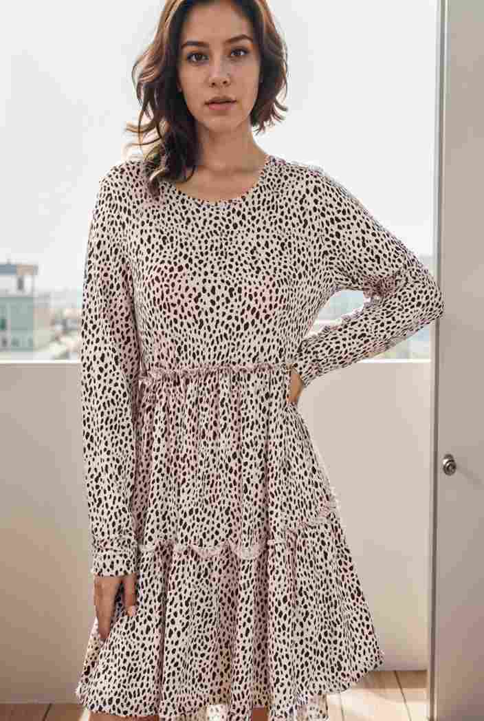 loose leopard print v neck dress drop shoulder a line closed cape paneled 118800