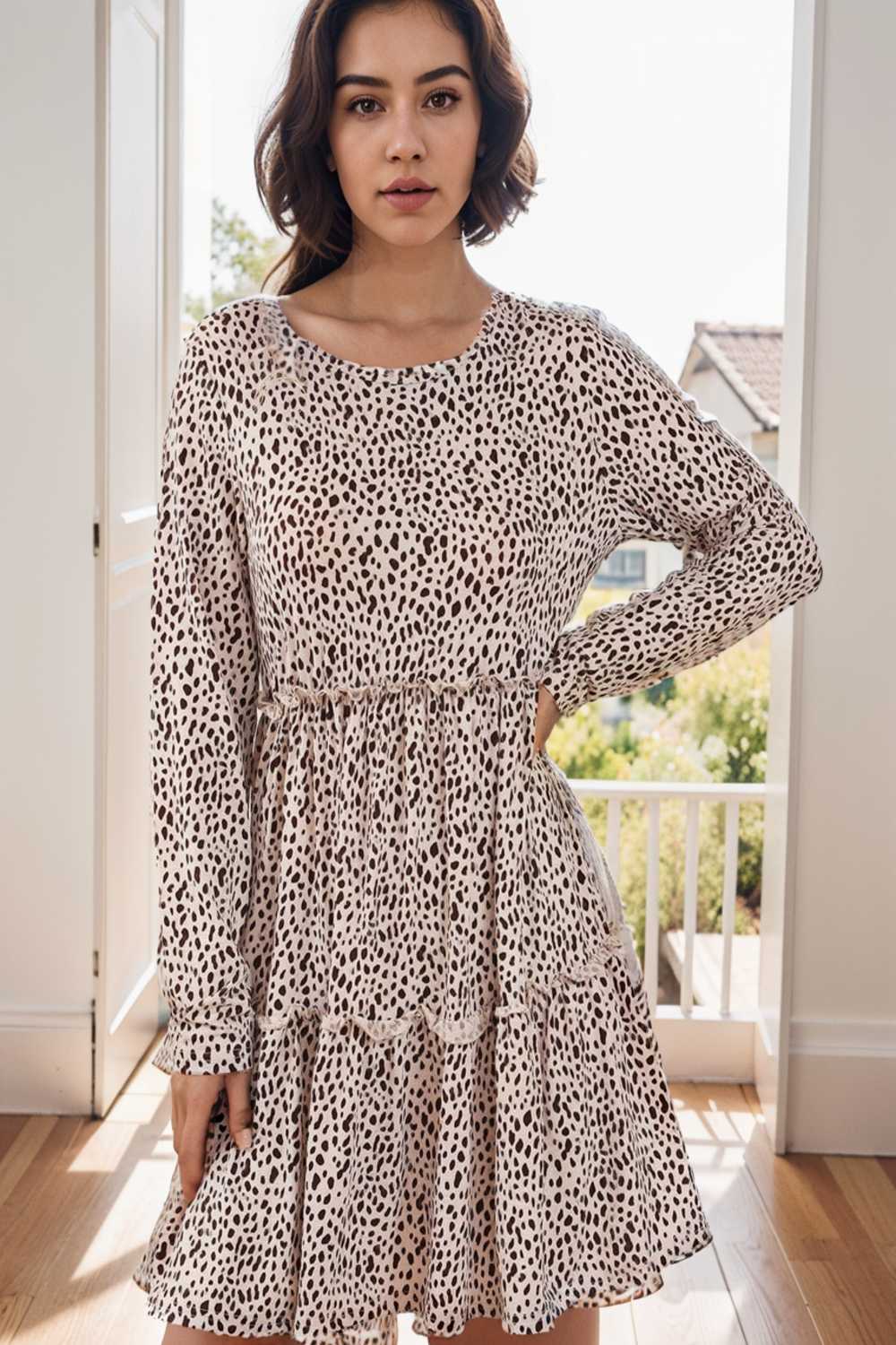 loose leopard print v neck dress drop shoulder a line closed cape paneled 127522