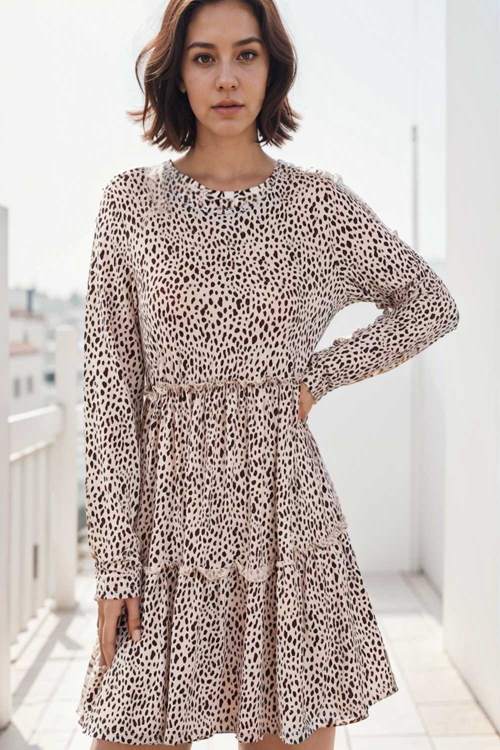 loose leopard print v neck dress drop shoulder a line closed cape paneled 115503