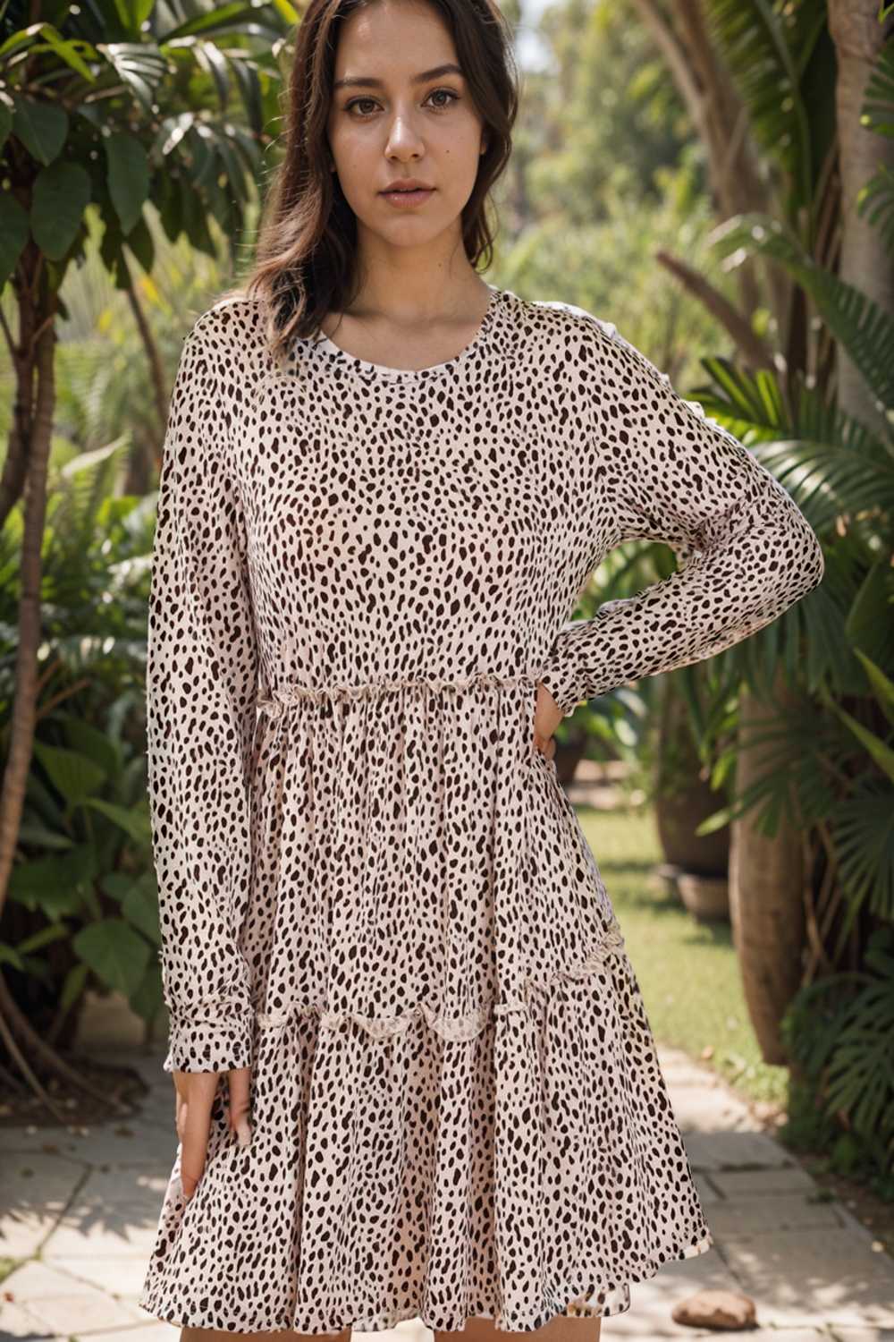 loose leopard print v neck dress drop shoulder a line closed cape paneled 132937