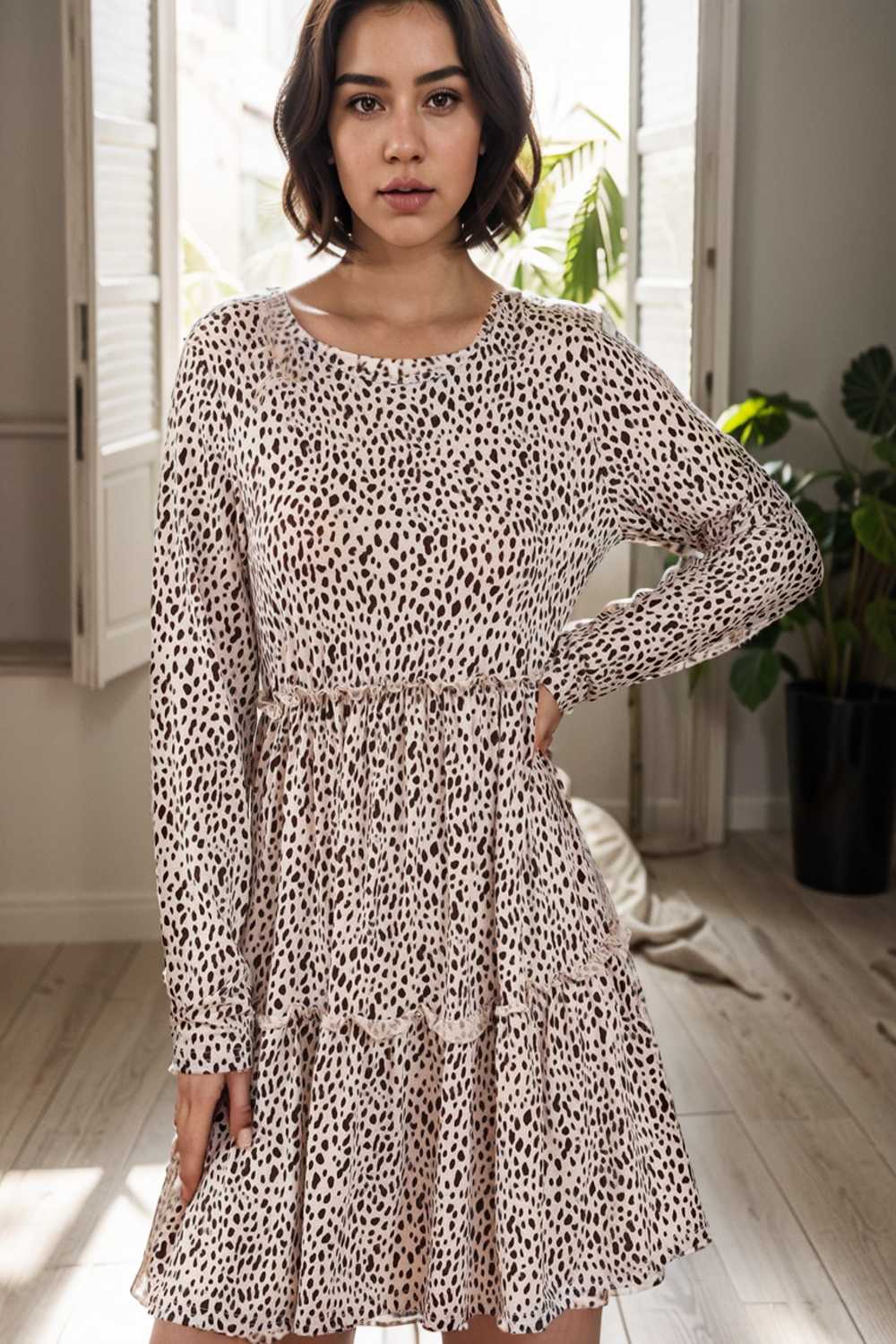 loose leopard print v neck dress drop shoulder a line closed cape paneled 127438