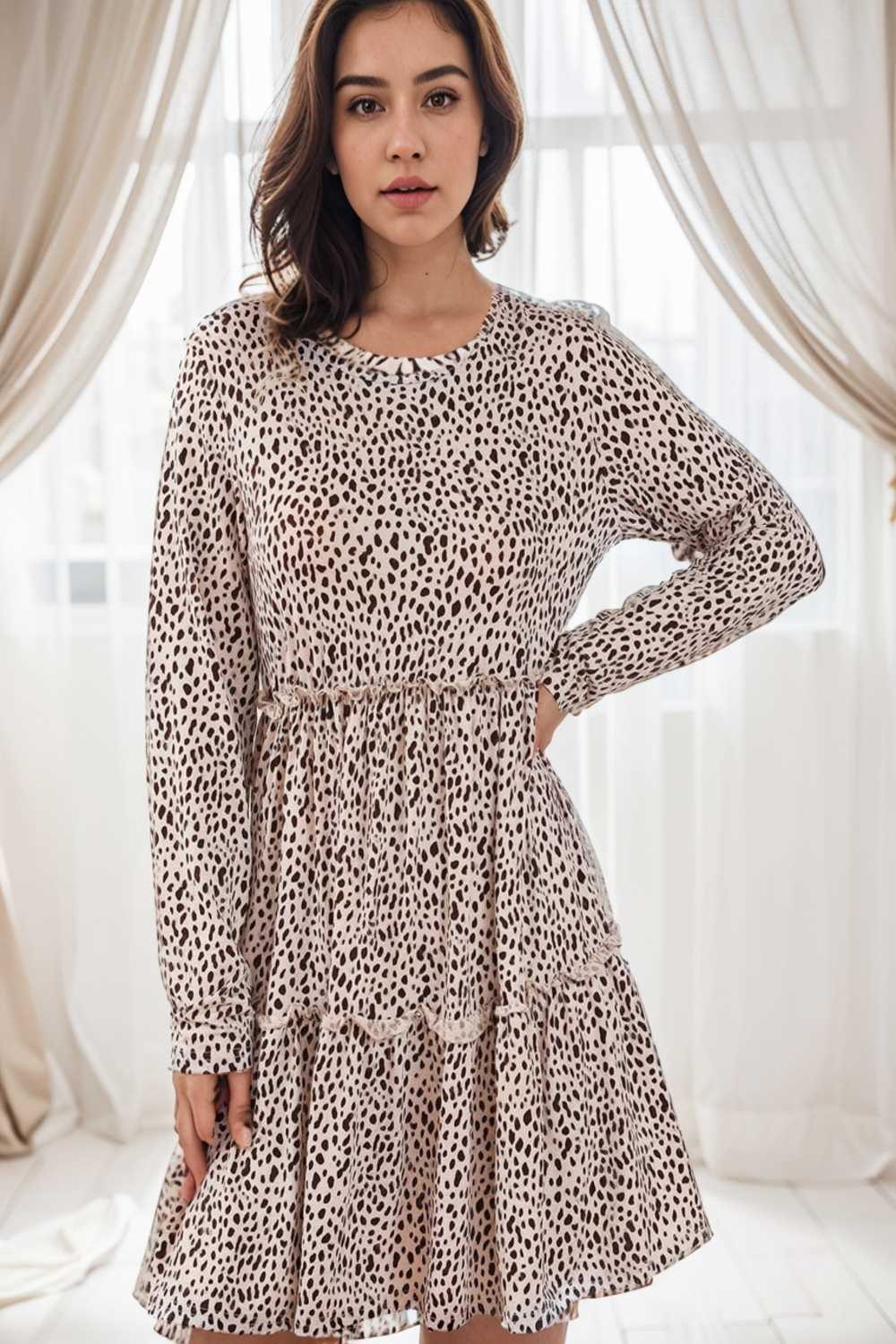 loose leopard print v neck dress drop shoulder a line closed cape paneled 124996