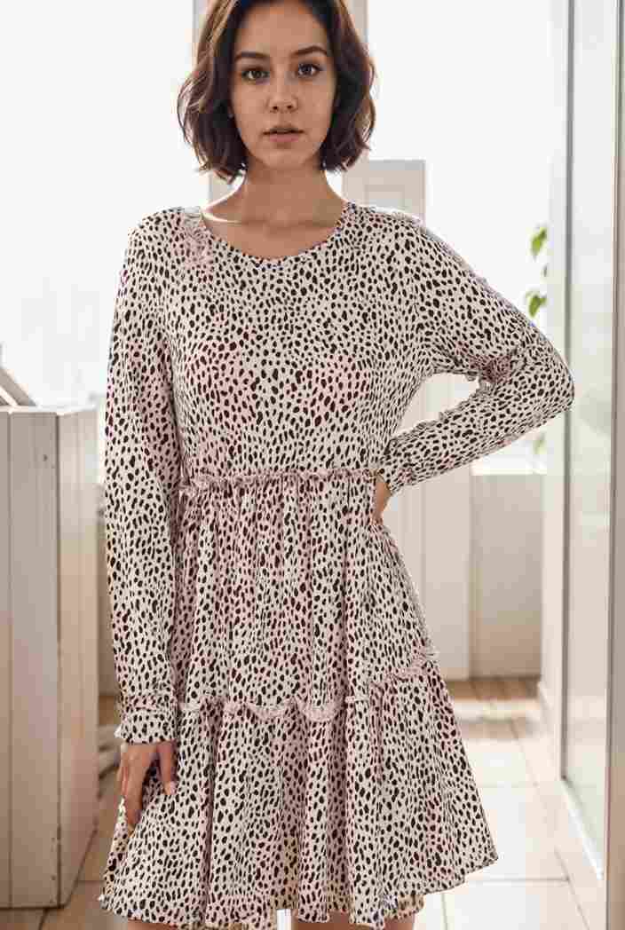 loose leopard print v neck dress drop shoulder a line closed cape paneled 118799