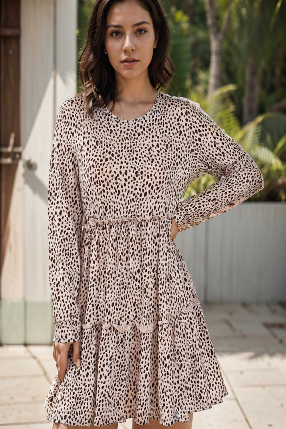 loose leopard print v neck dress drop shoulder a line closed cape paneled 111895