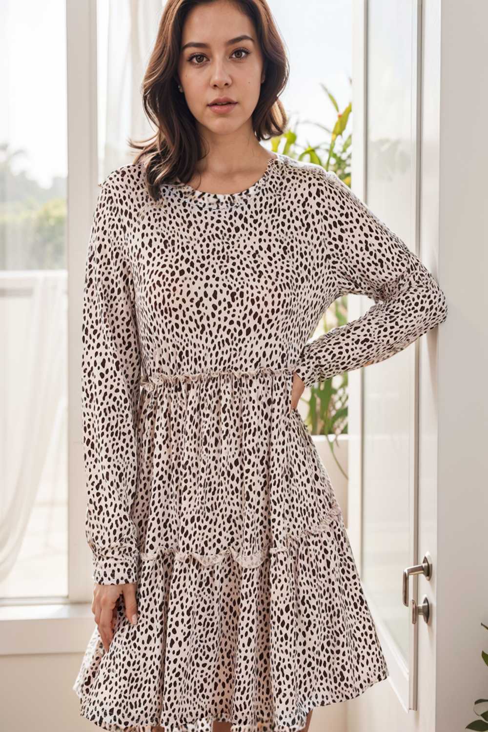 loose leopard print v neck dress drop shoulder a line closed cape paneled 115502