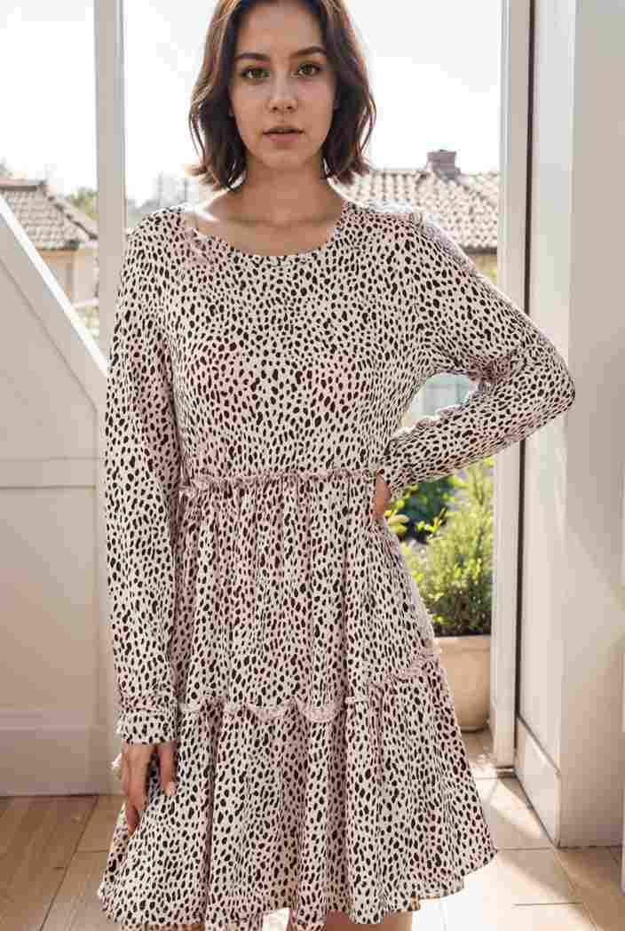 loose leopard print v neck dress drop shoulder a line closed cape paneled 118798