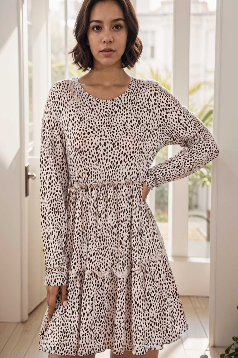 loose leopard print v neck dress drop shoulder a line closed cape paneled 132936