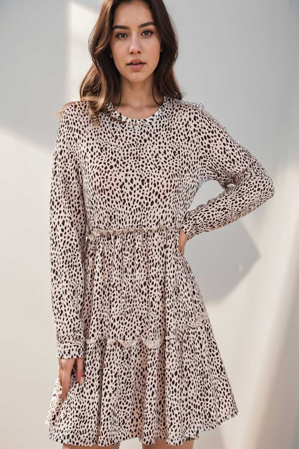 loose leopard print v neck dress drop shoulder a line closed cape paneled 127437