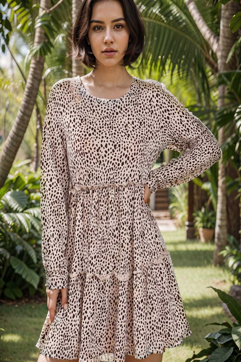 loose leopard print v neck dress drop shoulder a line closed cape paneled 124995