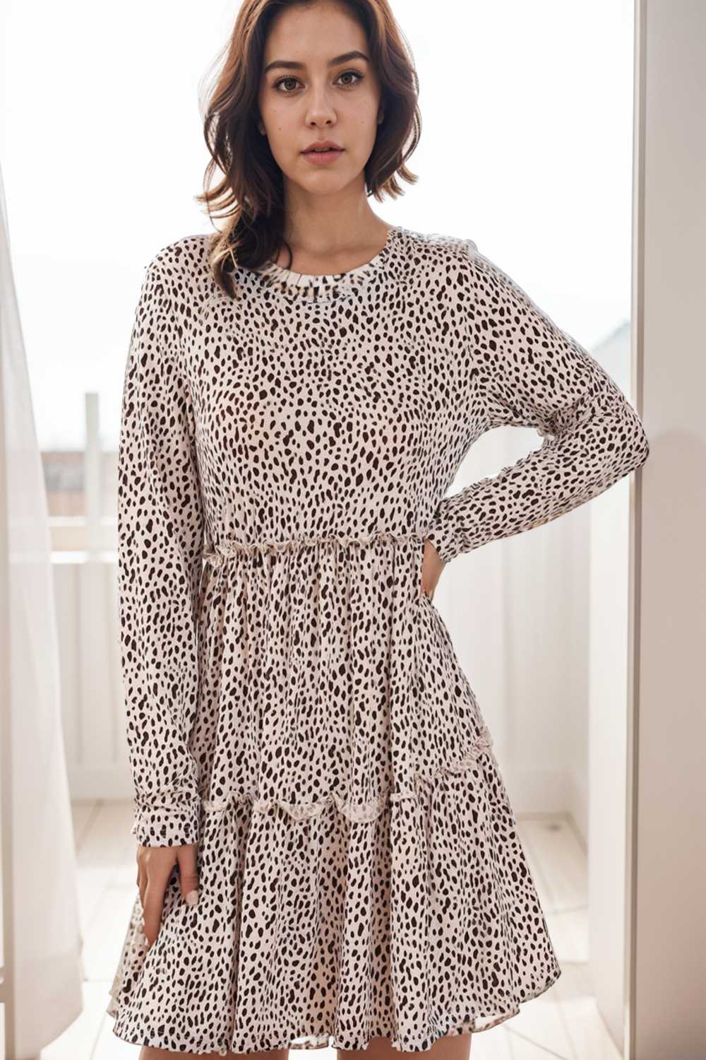 loose leopard print v neck dress drop shoulder a line closed cape paneled 111894