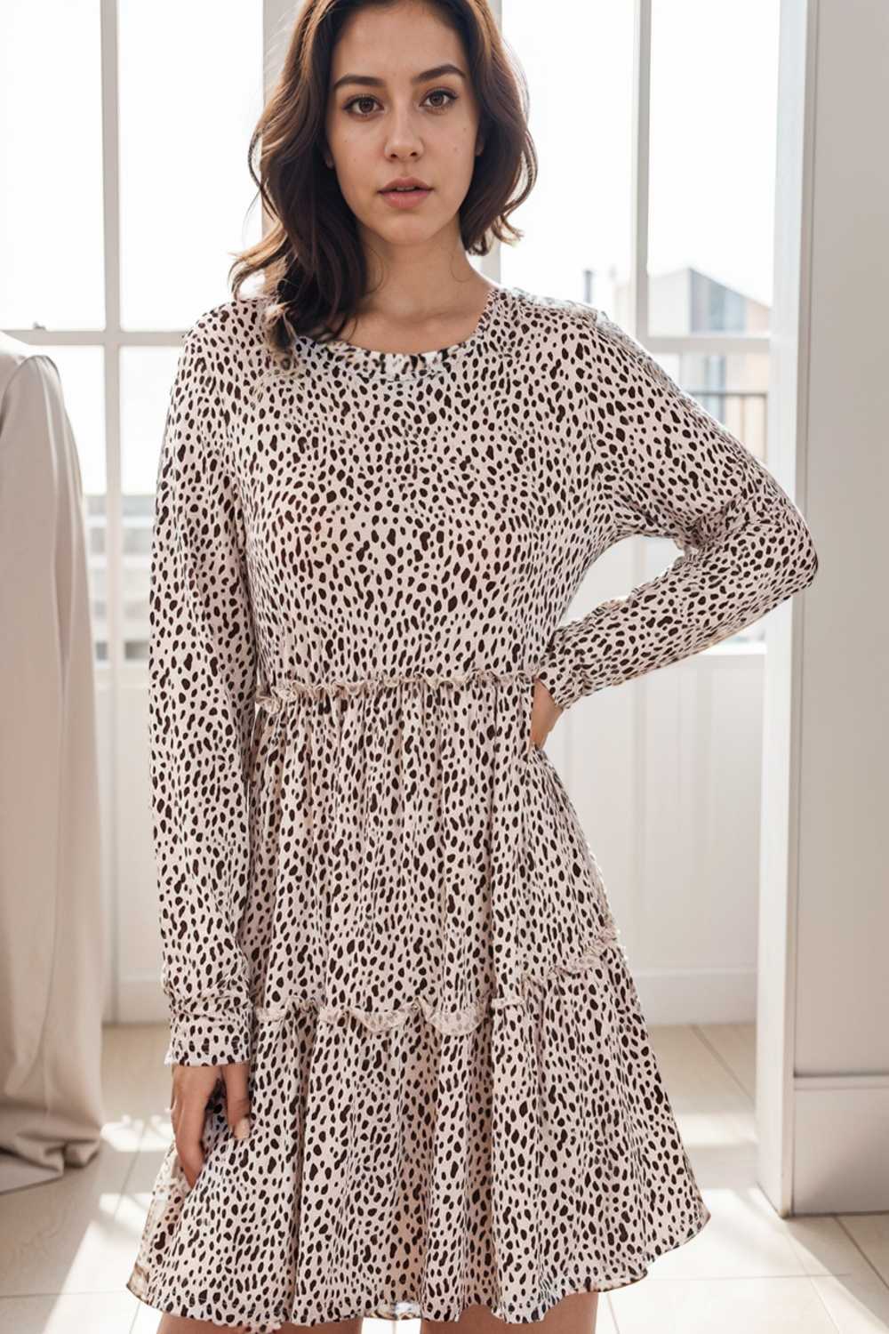 loose leopard print v neck dress drop shoulder a line closed cape paneled 115501