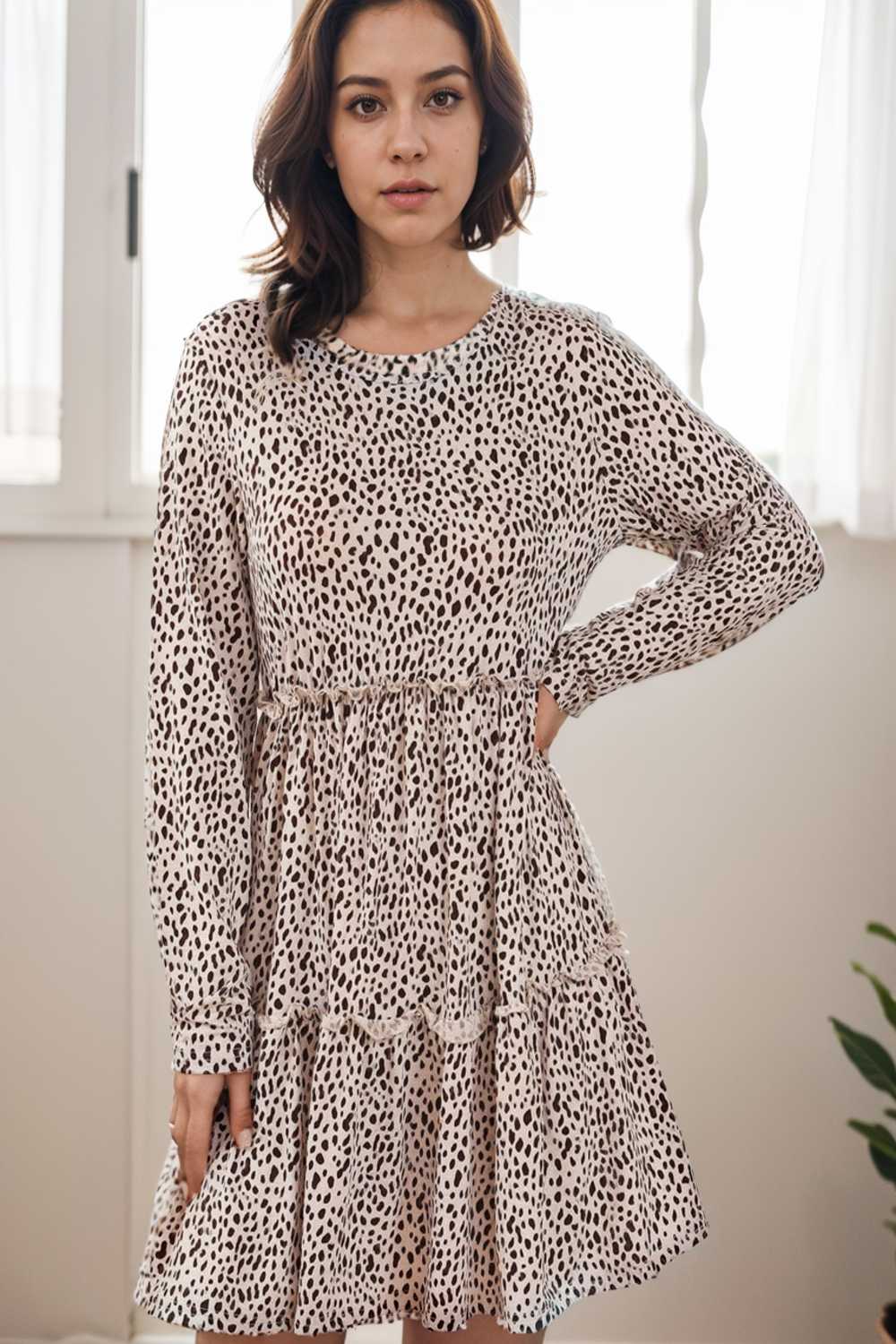 loose leopard print v neck dress drop shoulder a line closed cape paneled 132935