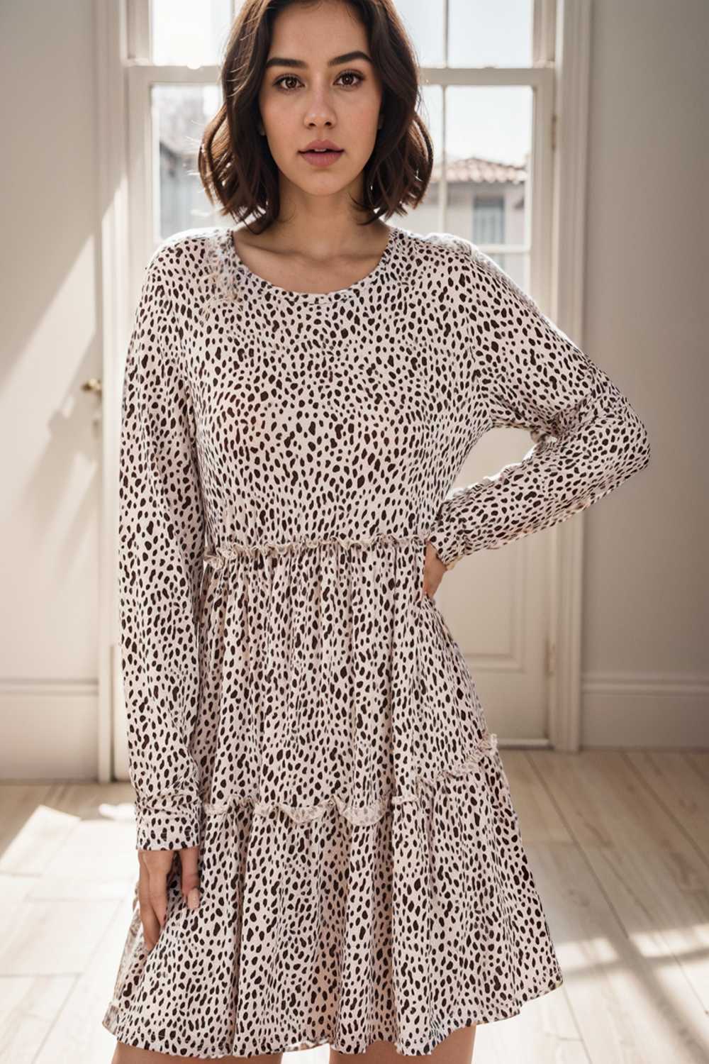 loose leopard print v neck dress drop shoulder a line closed cape paneled 124994
