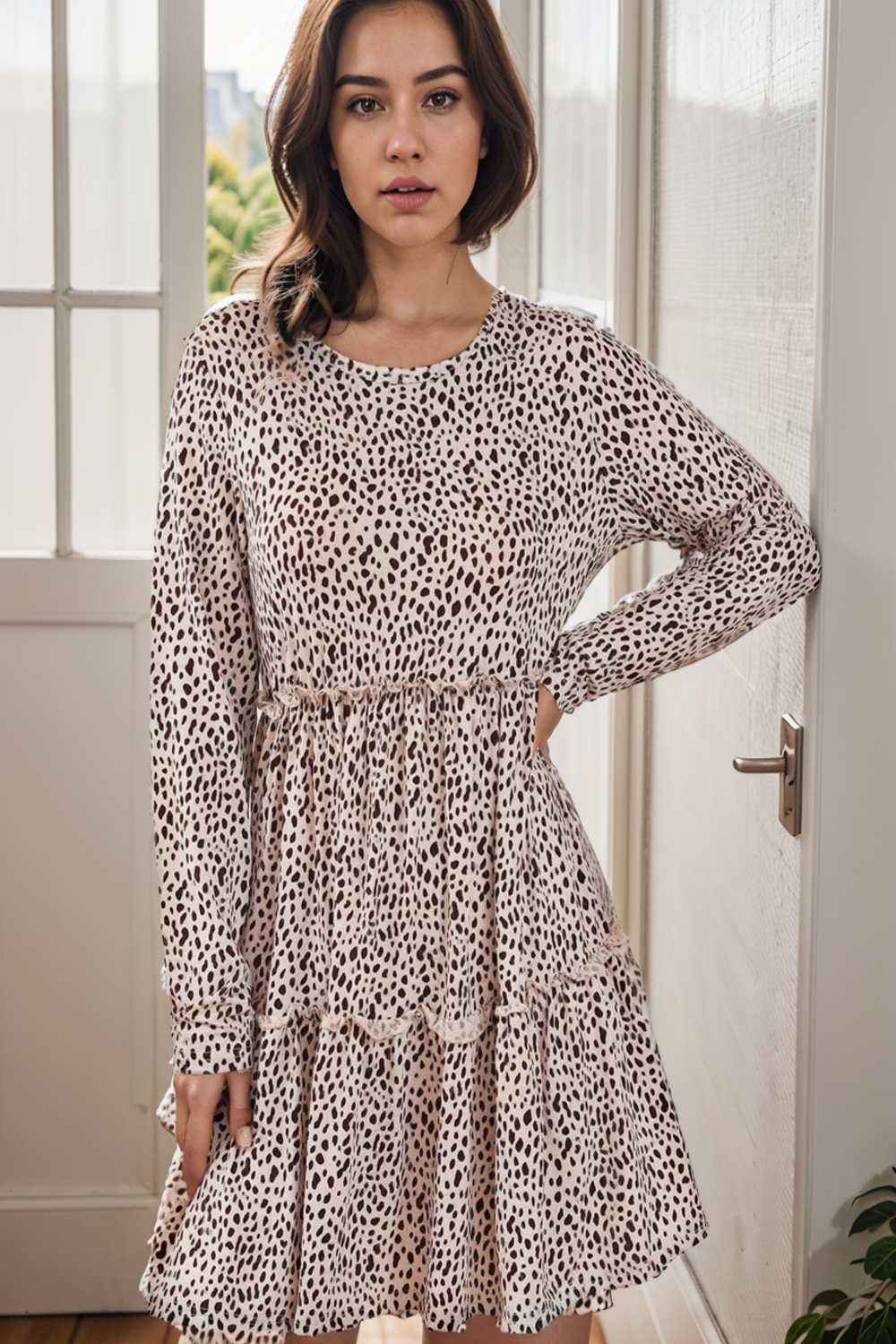 loose leopard print v neck dress drop shoulder a line closed cape paneled 127436