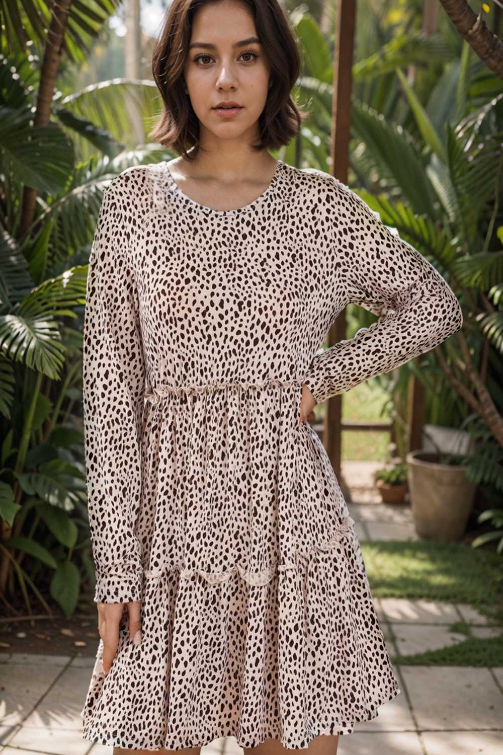 loose leopard print v neck dress drop shoulder a line closed cape paneled 111893