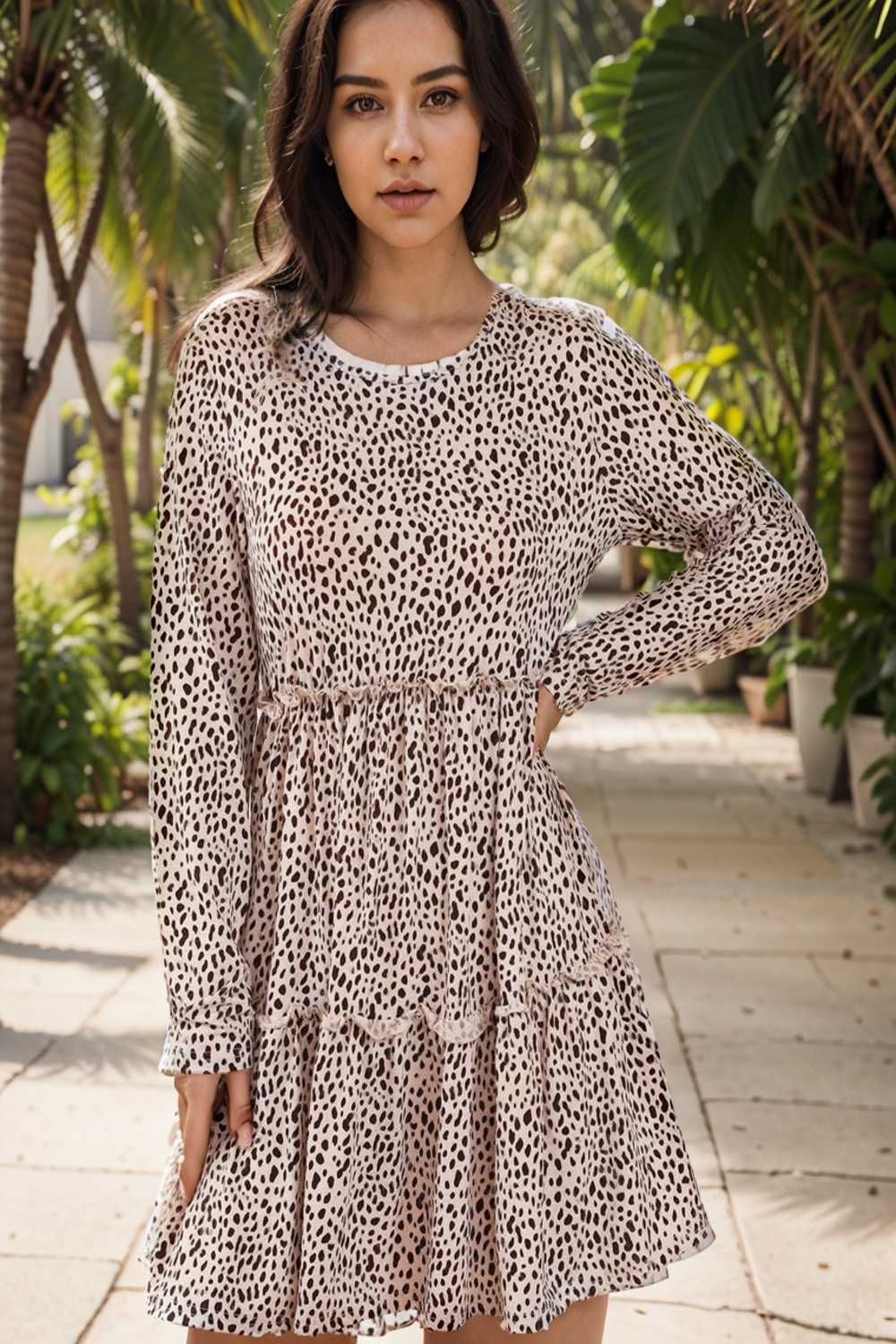 loose leopard print v neck dress drop shoulder a line closed cape paneled 127435