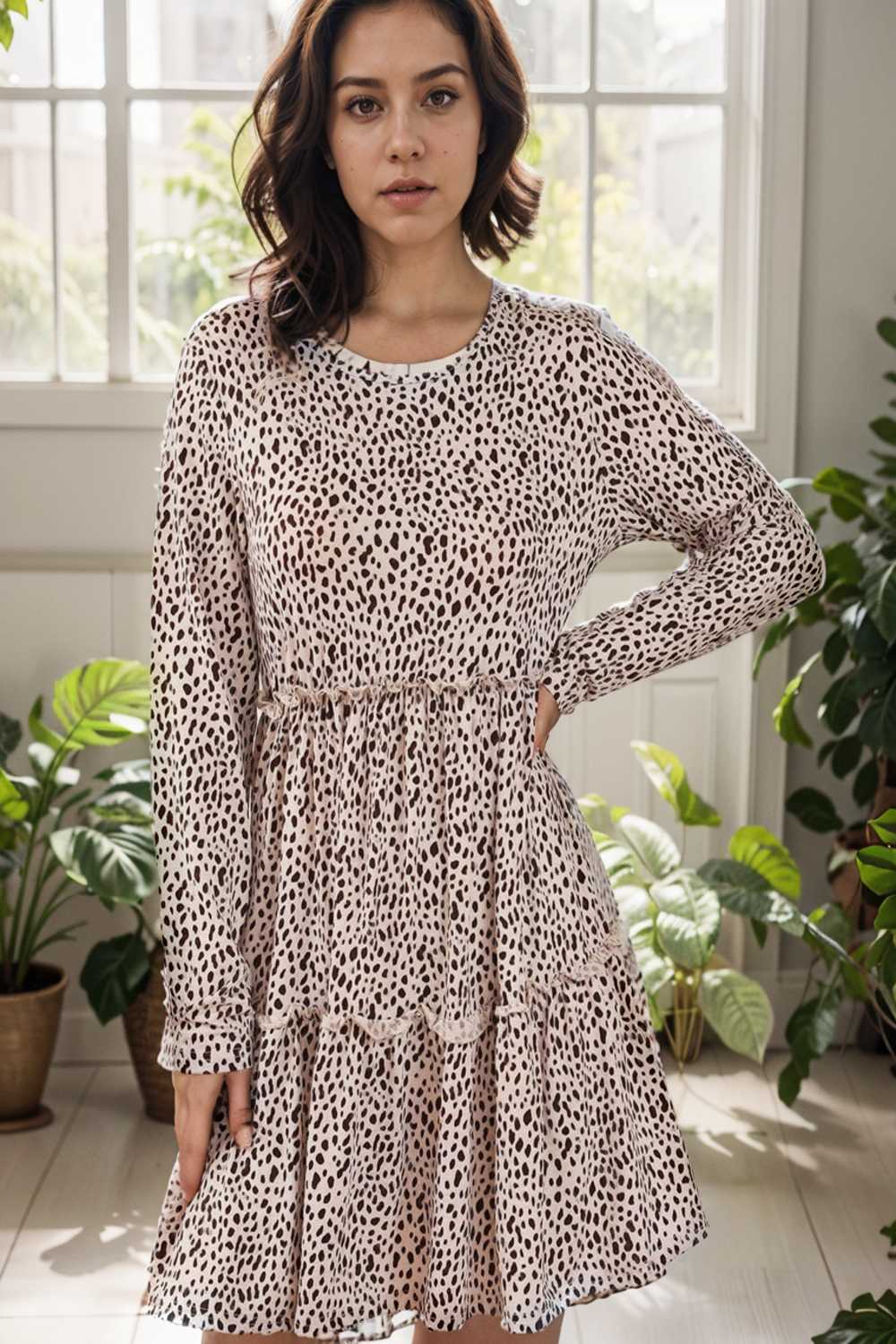 loose leopard print v neck dress drop shoulder a line closed cape paneled 115500