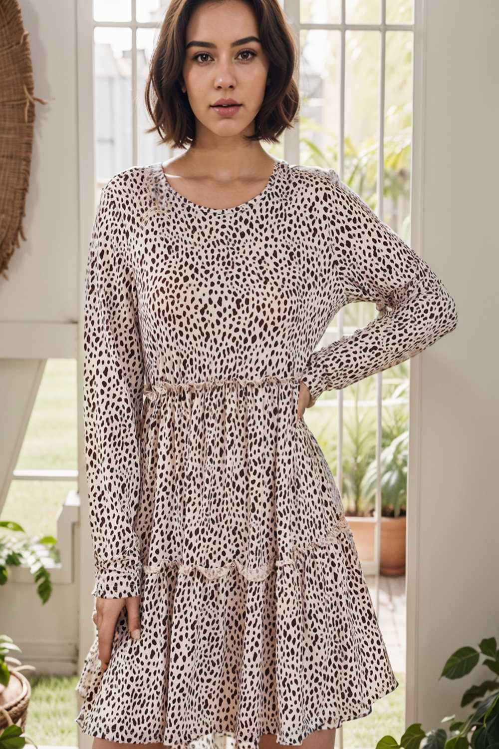 loose leopard print v neck dress drop shoulder a line closed cape paneled 124993