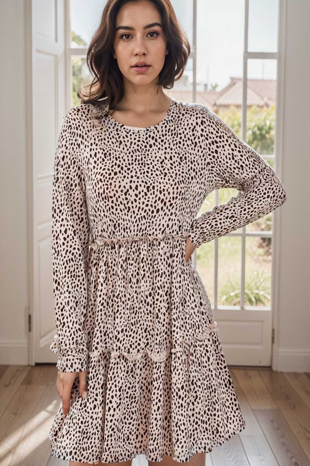 loose leopard print v neck dress drop shoulder a line closed cape paneled 124992