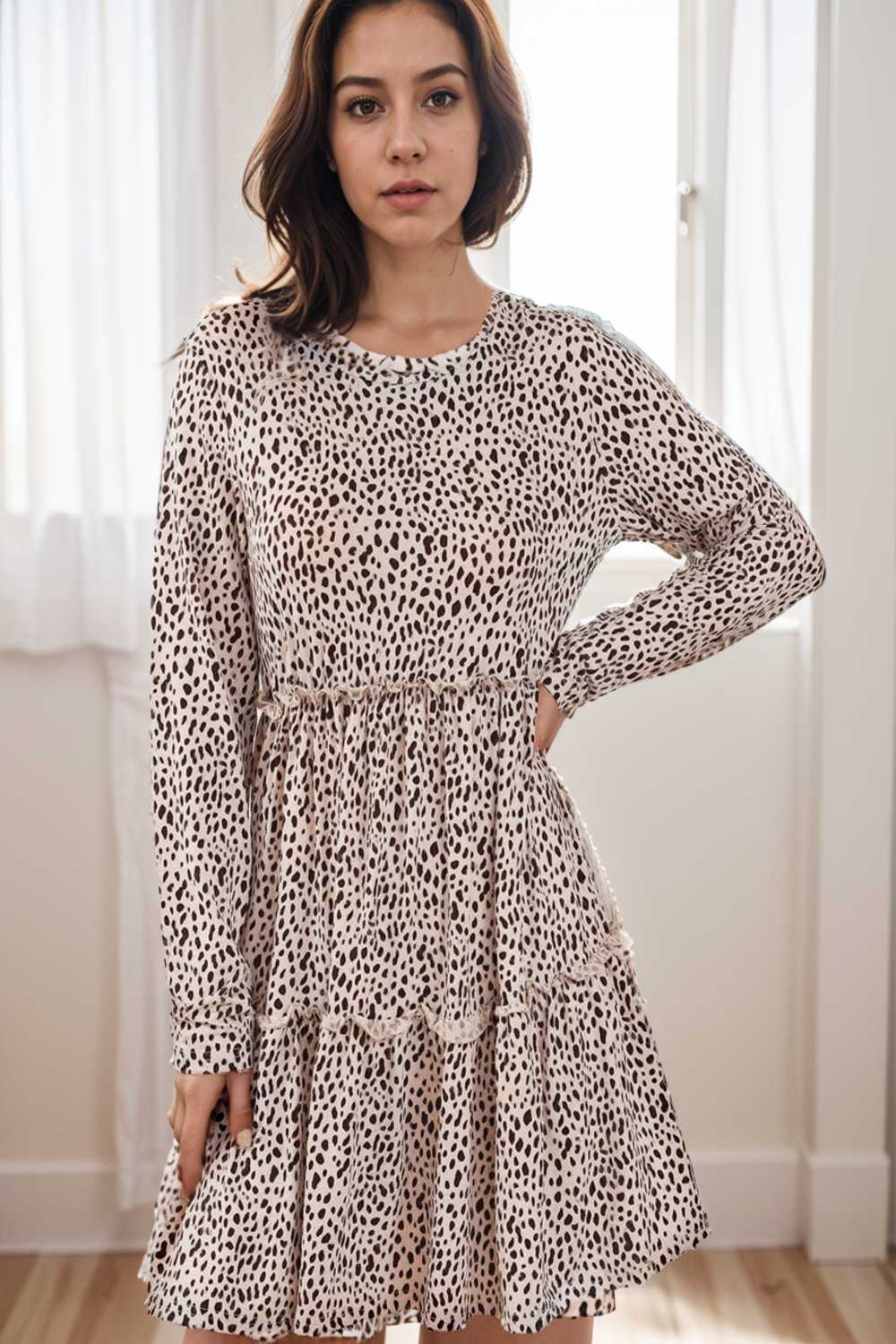 loose leopard print v neck dress drop shoulder a line closed cape paneled 111891