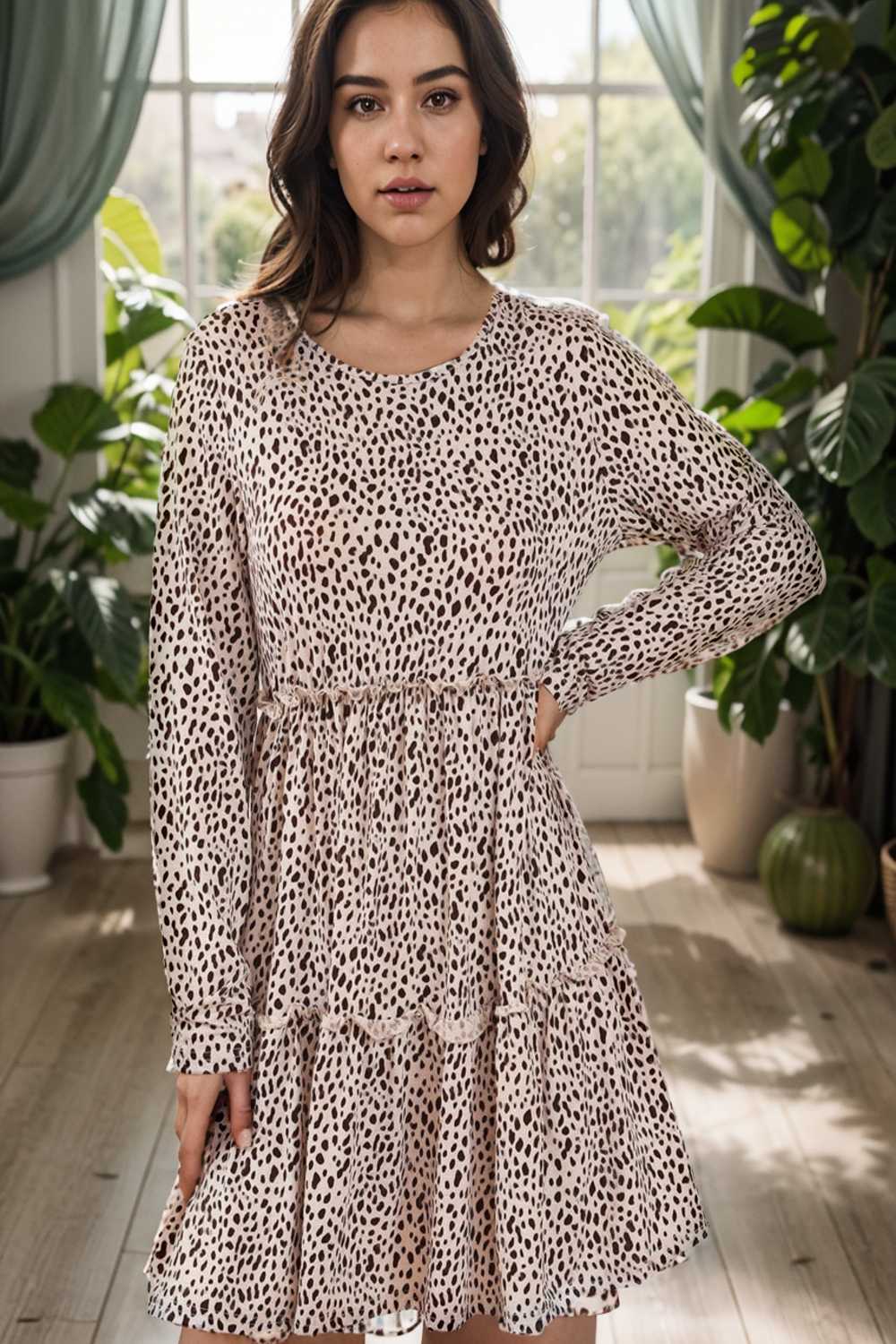 loose leopard print v neck dress drop shoulder a line closed cape paneled 127434