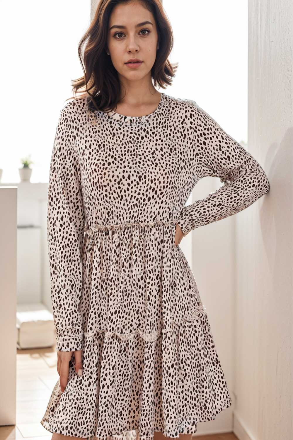 loose leopard print v neck dress drop shoulder a line closed cape paneled 132933