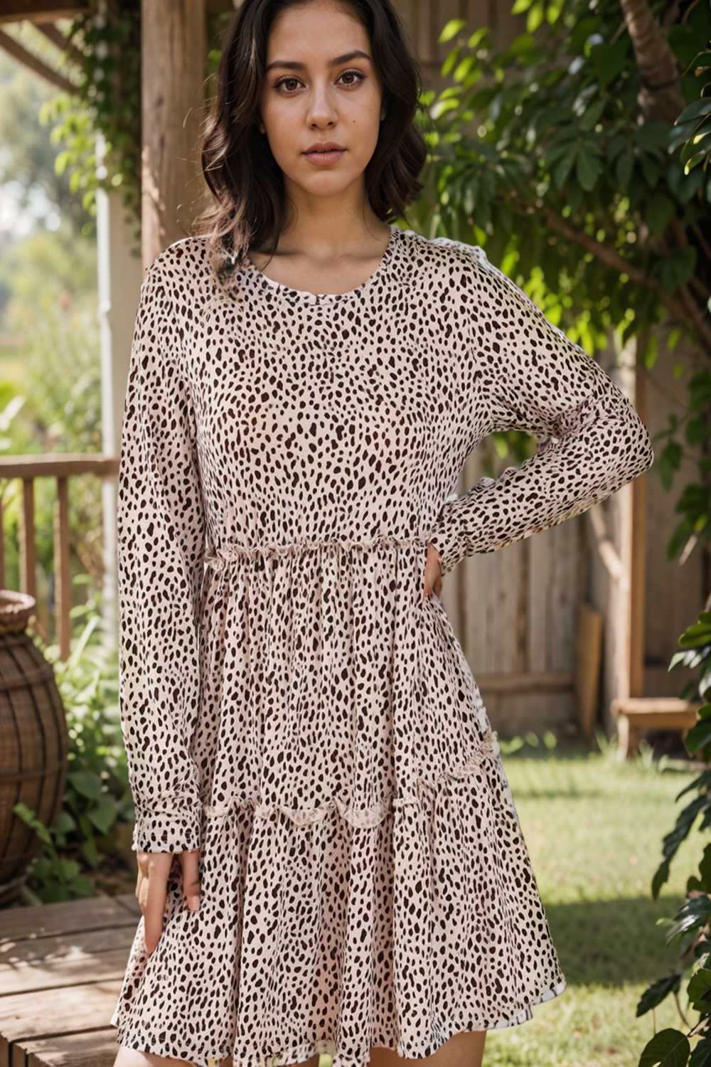 loose leopard print v neck dress drop shoulder a line closed cape paneled 115499