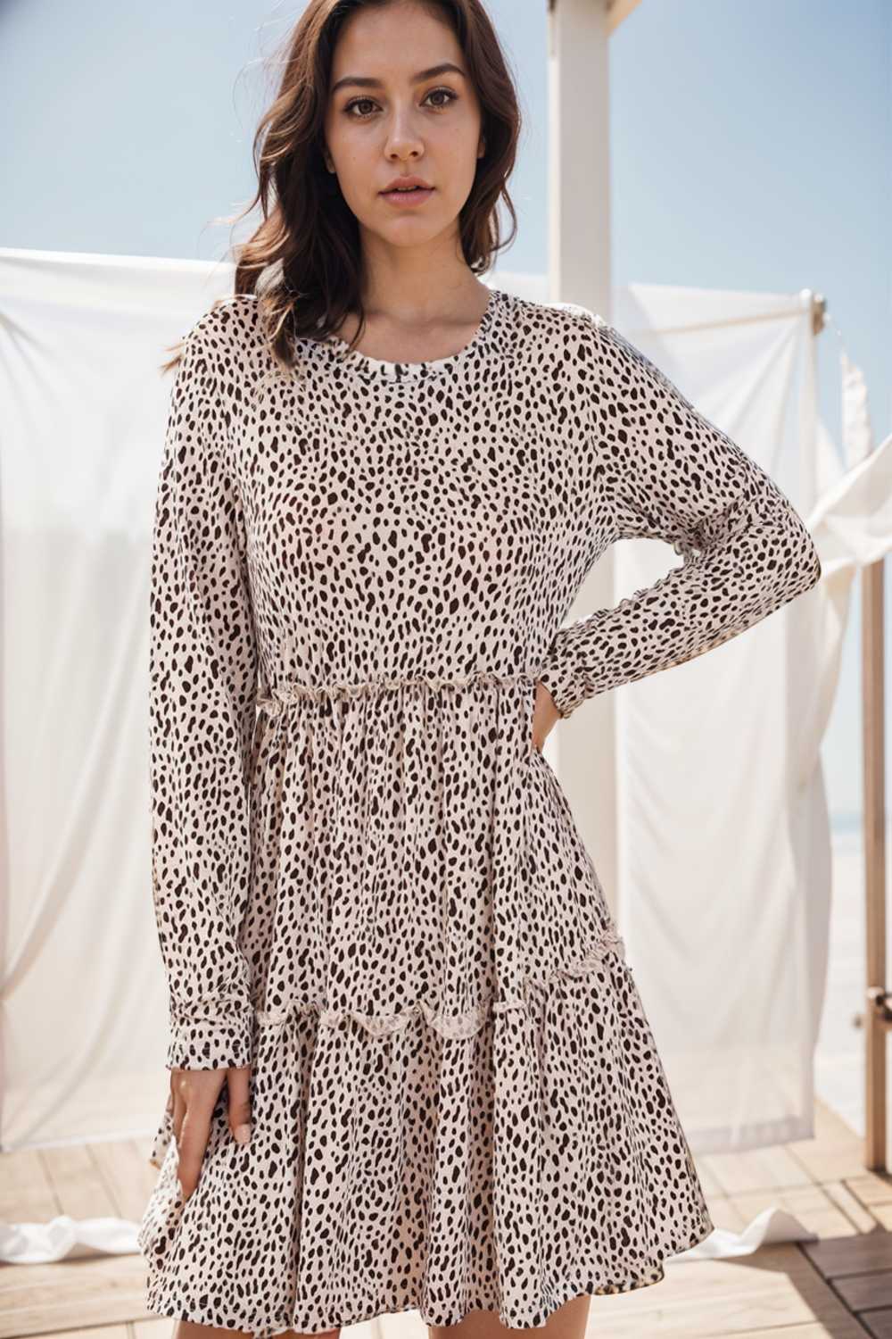 loose leopard print v neck dress drop shoulder a line closed cape paneled 115498