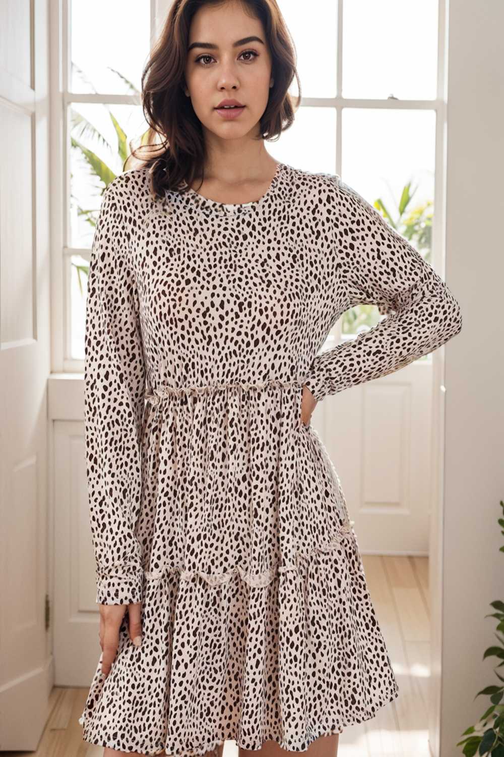 loose leopard print v neck dress drop shoulder a line closed cape paneled 127433