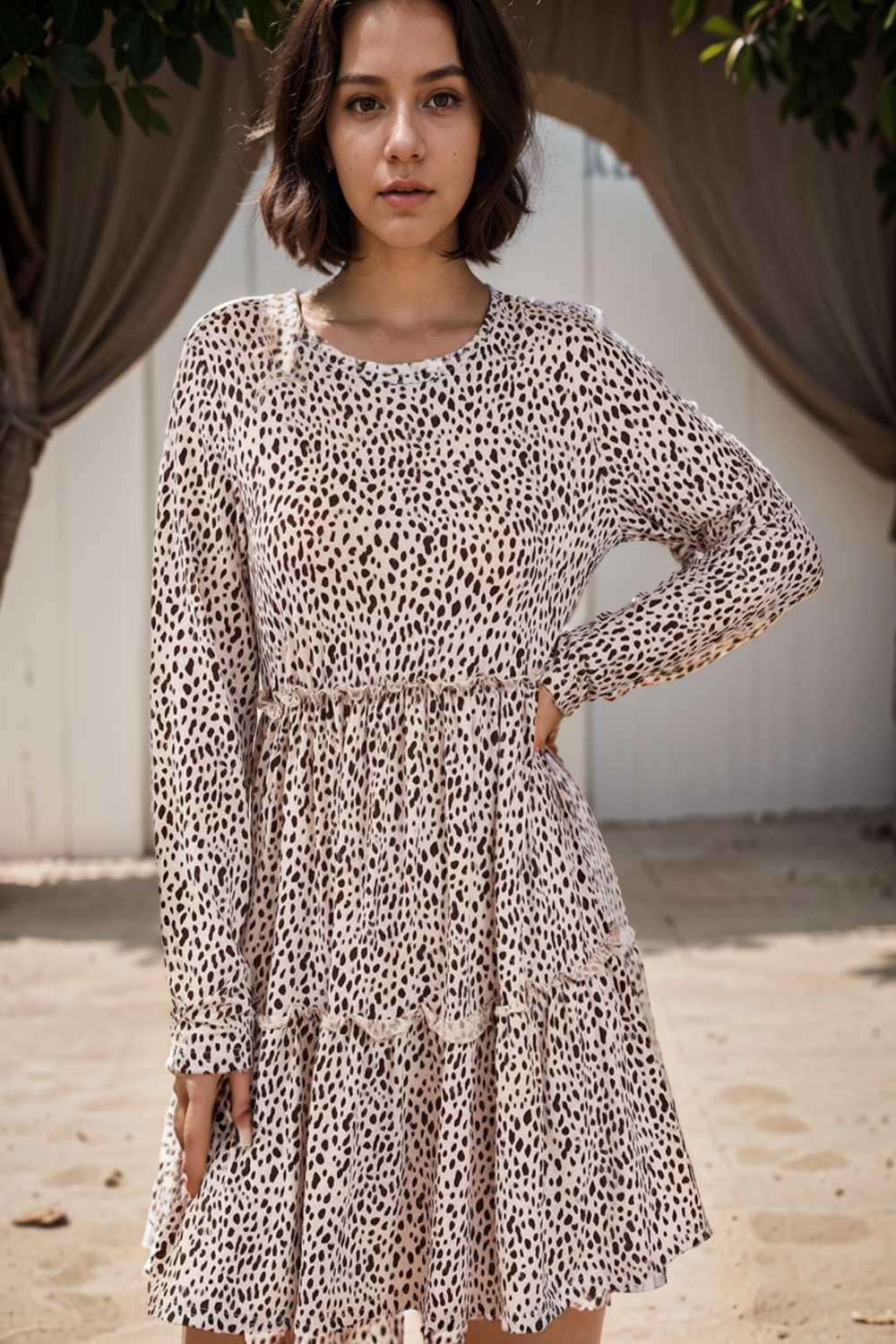 loose leopard print v neck dress drop shoulder a line closed cape paneled 132932