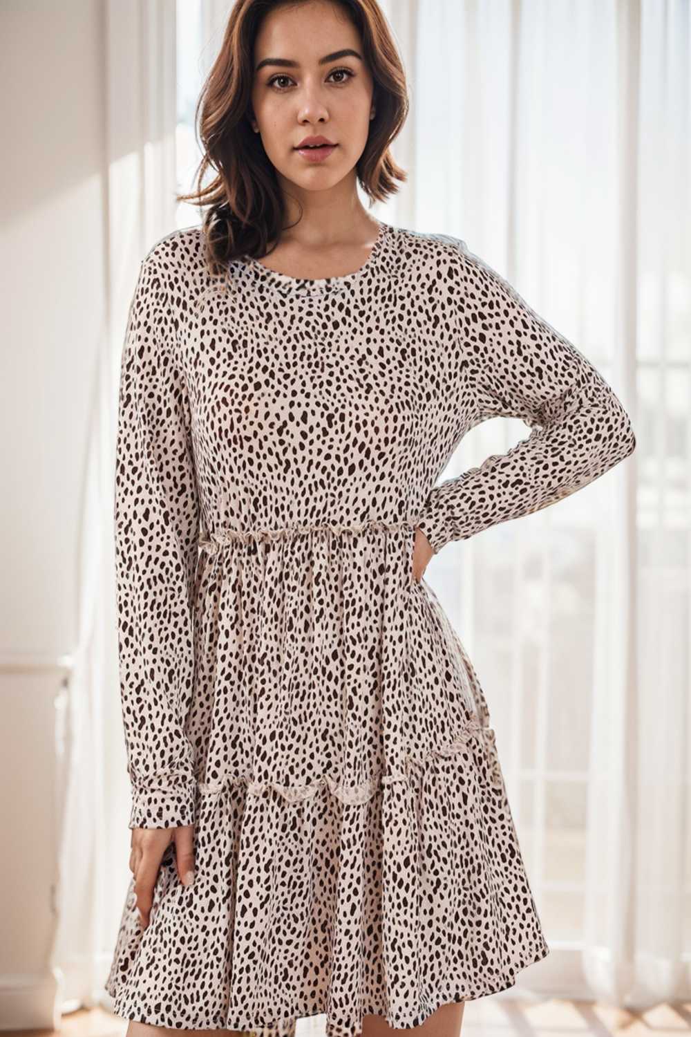 loose leopard print v neck dress drop shoulder a line closed cape paneled 124991
