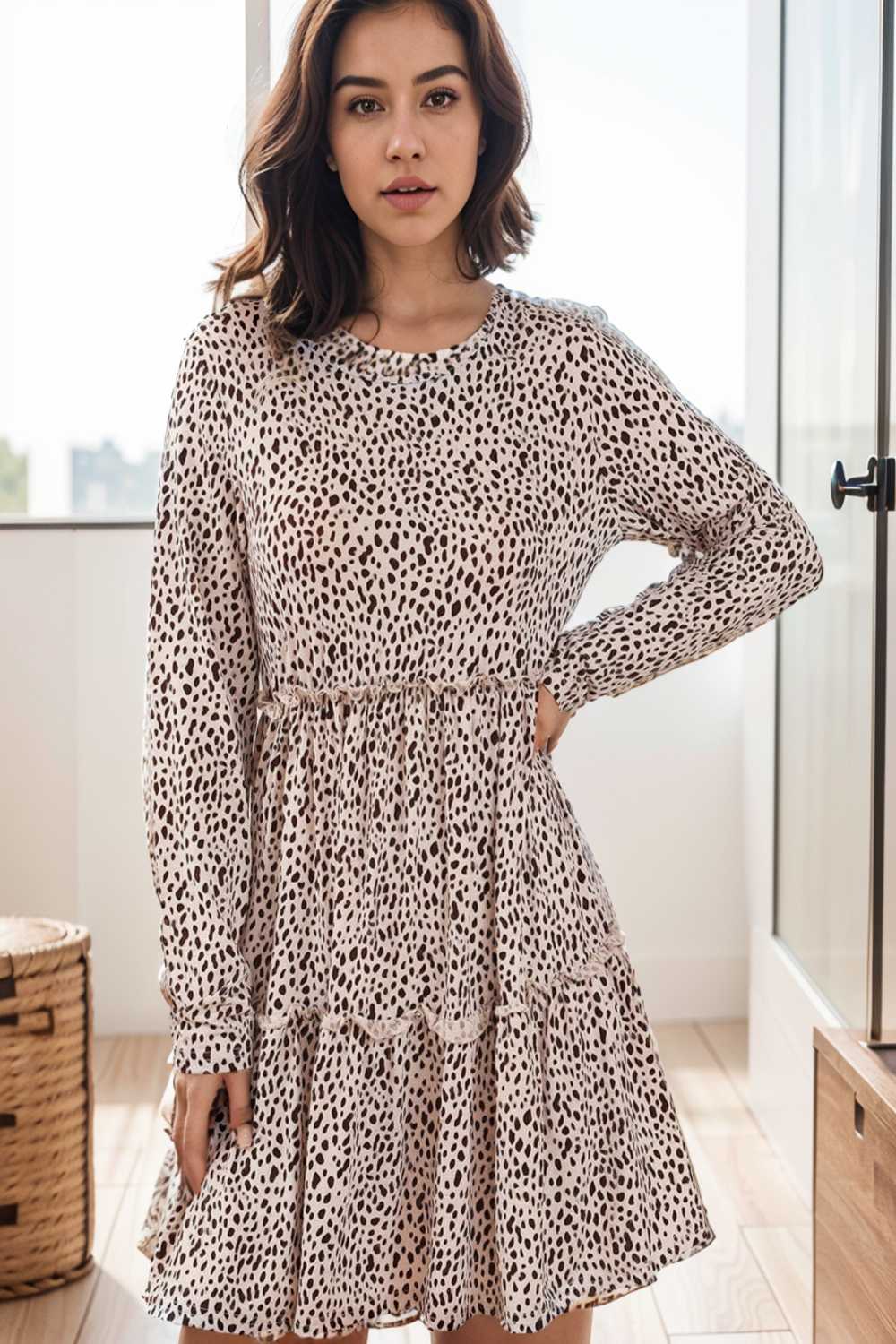 loose leopard print v neck dress drop shoulder a line closed cape paneled 124990