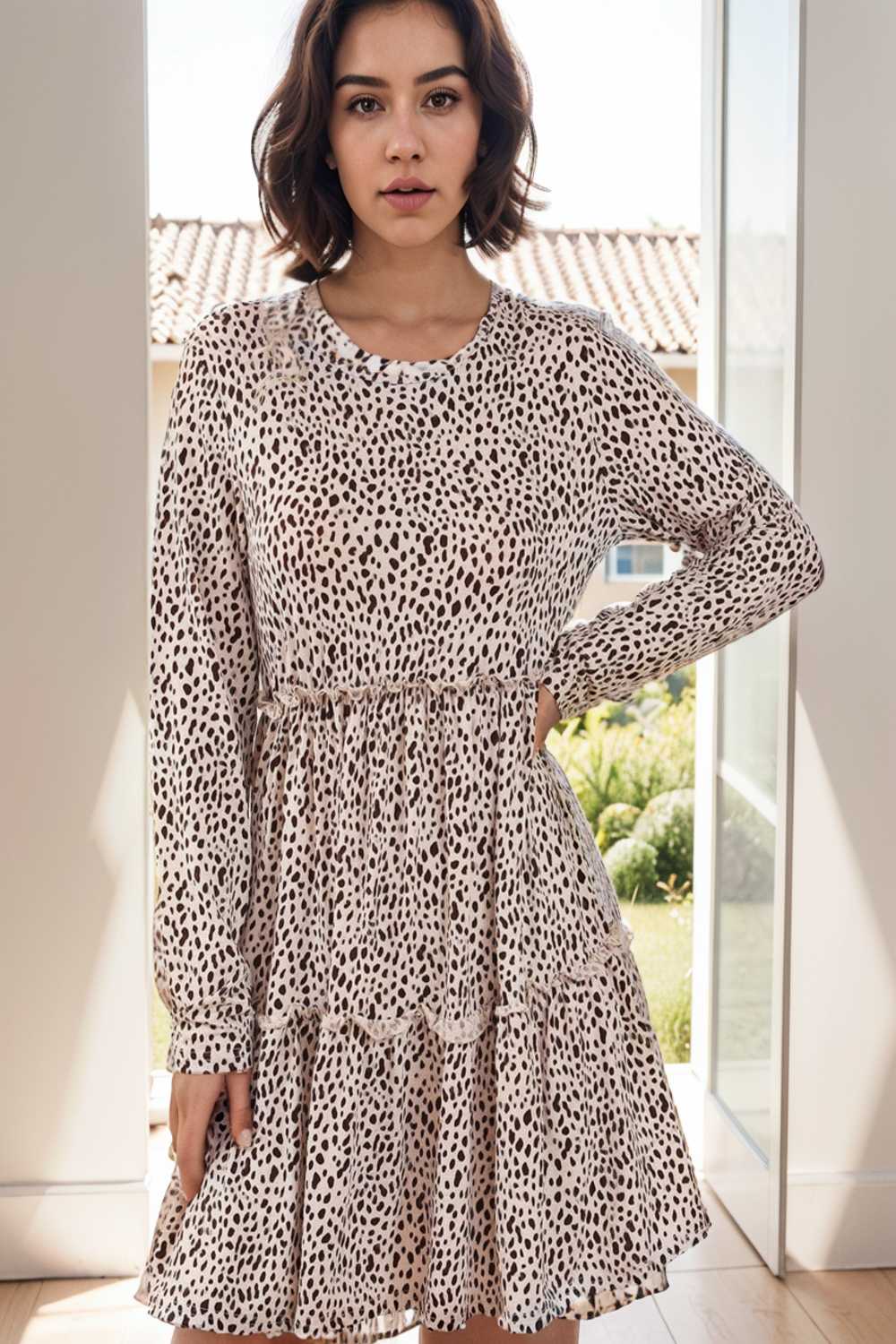 loose leopard print v neck dress drop shoulder a line closed cape paneled 127432