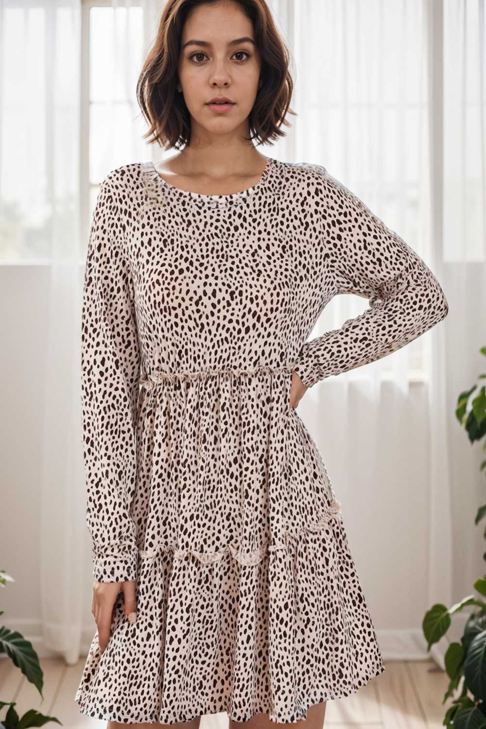 loose leopard print v neck dress drop shoulder a line closed cape paneled 132931