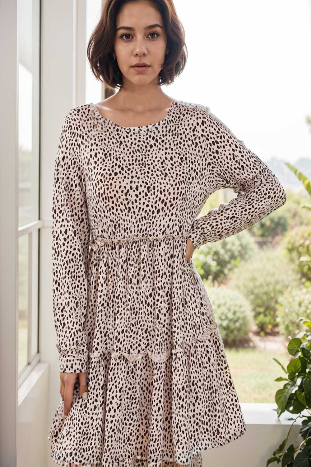 loose leopard print v neck dress drop shoulder a line closed cape paneled 115497