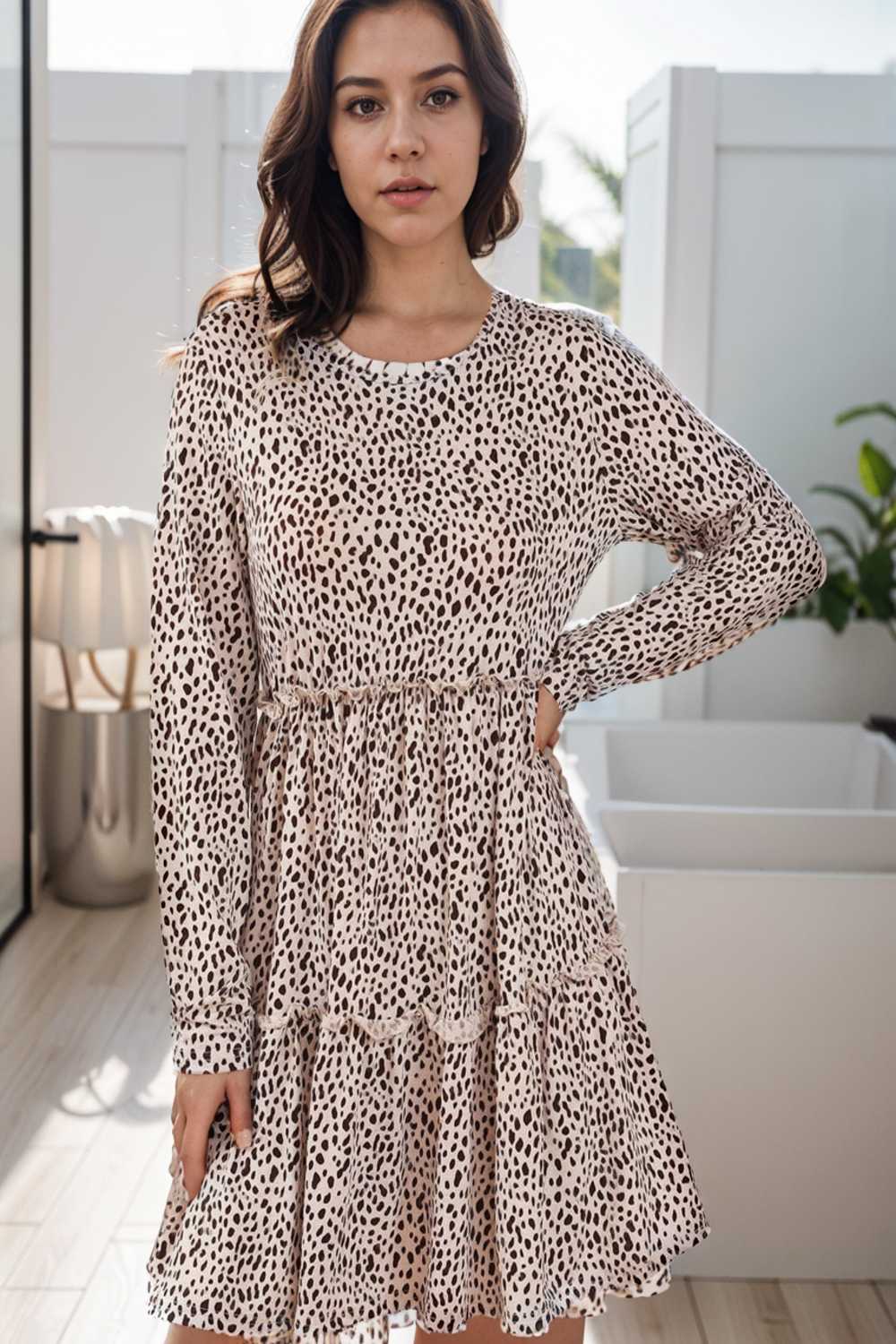 loose leopard print v neck dress drop shoulder a line closed cape paneled 132930