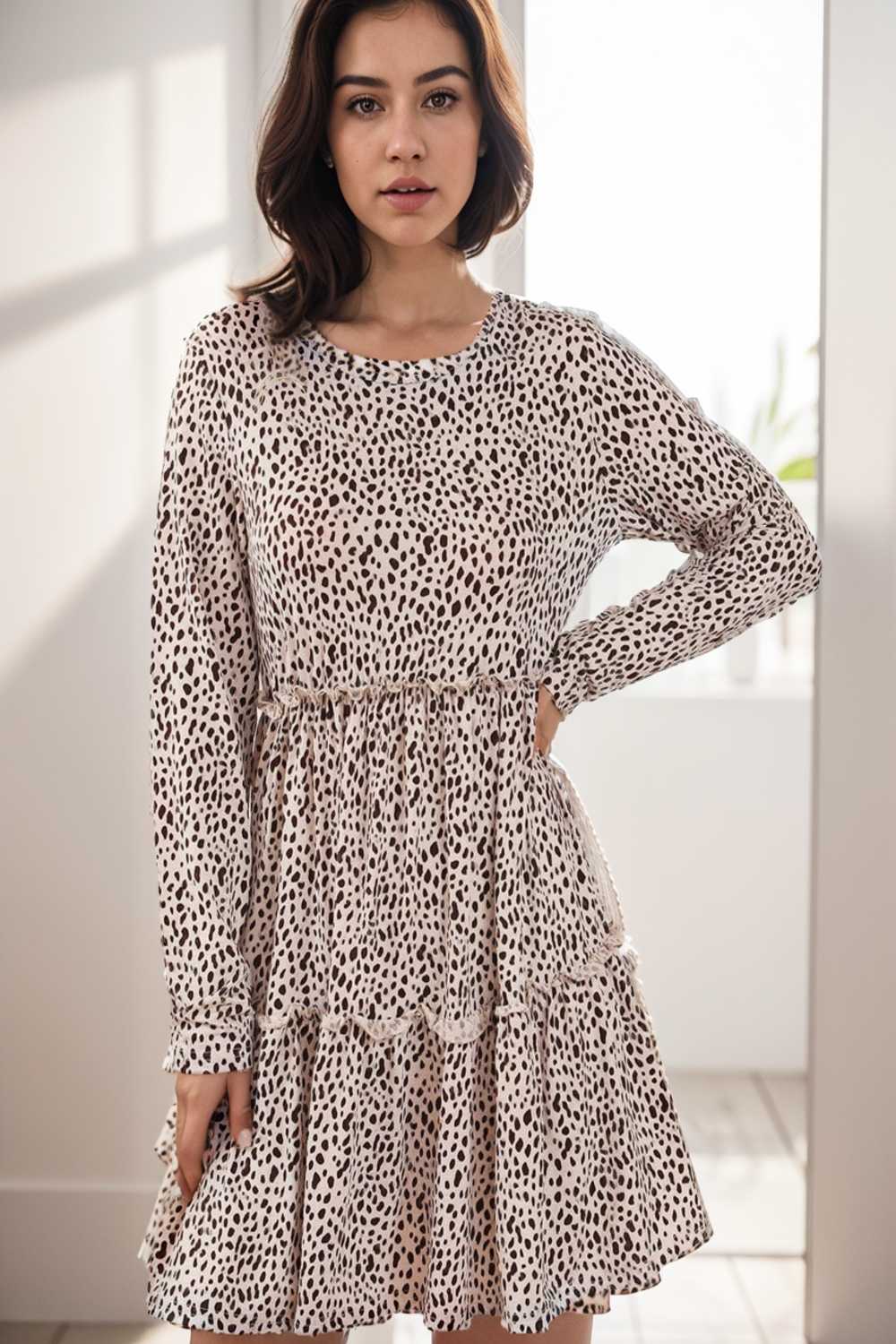 loose leopard print v neck dress drop shoulder a line closed cape paneled 127431