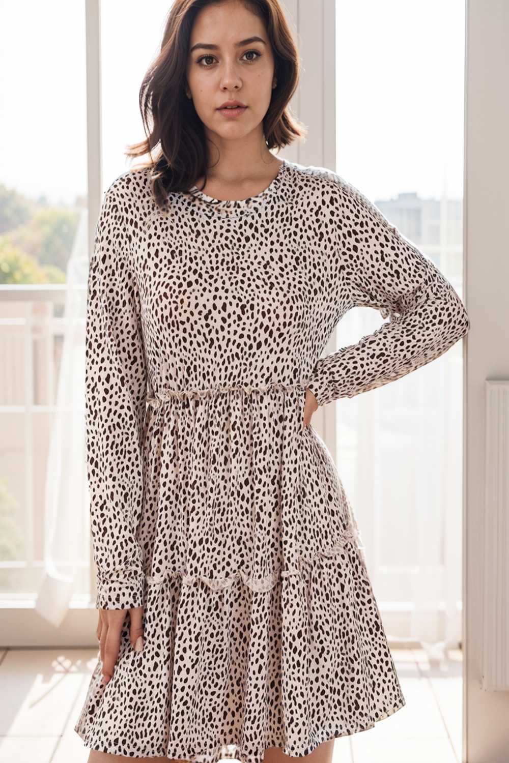 loose leopard print v neck dress drop shoulder a line closed cape paneled 115496